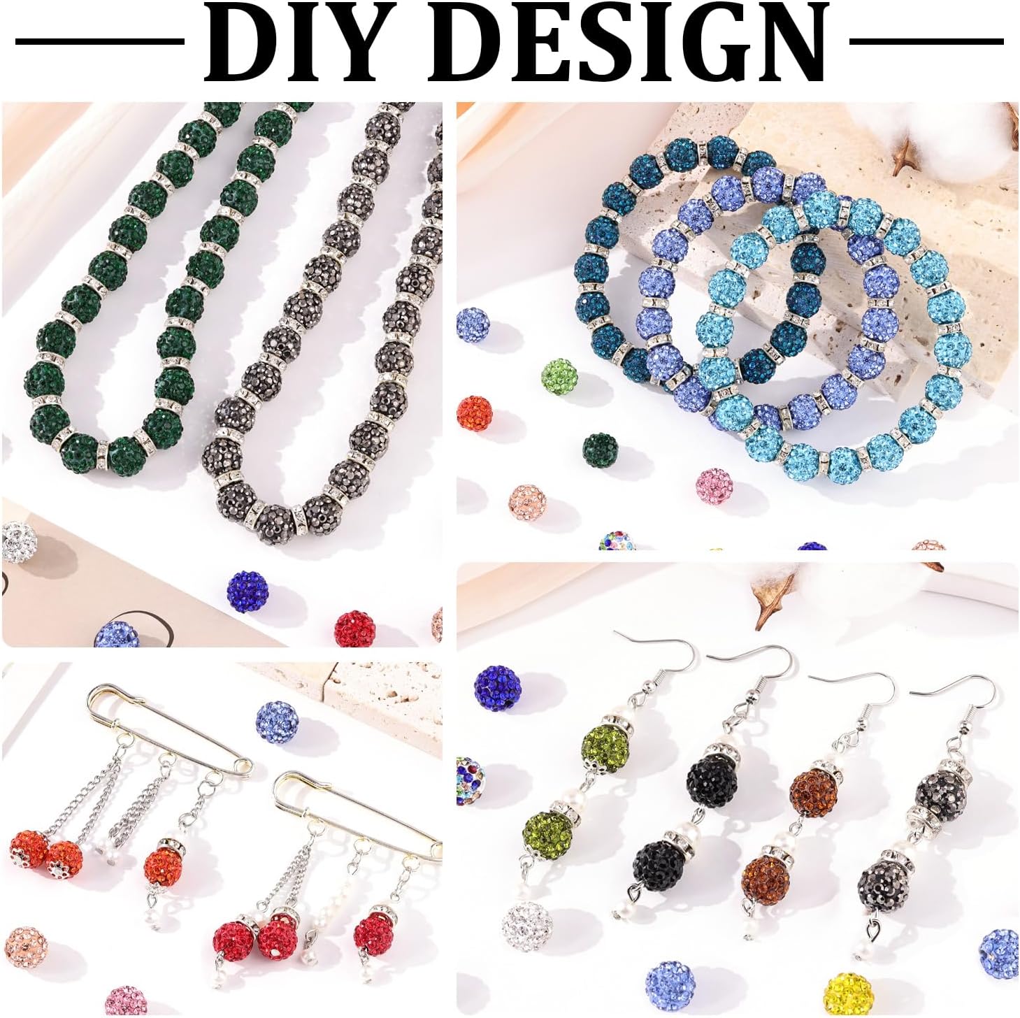 120 pcs 10mm Rhinestone Beads for Jewelry Making, 12 Mixed Colors Shiny Round Shamballa Disco Ball Beads, Sparkle Crystal Clay Christmas for Bracelet Baseball Necklace Earring and DIY