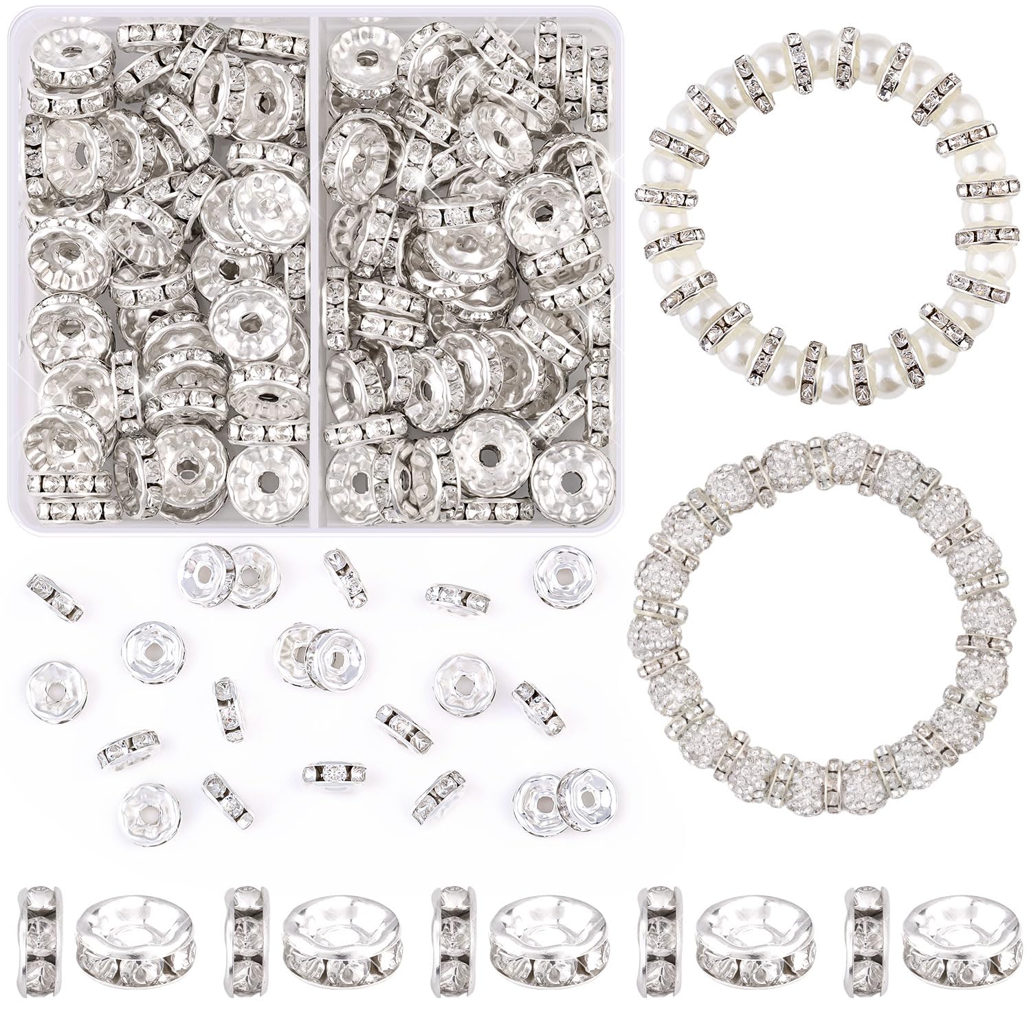 TINKRSTUFF 900 pcs 8mm Spacer Beads for Jewelry Making, 15 Colors Rondelle Bead Spacers Box, Fancy Sparkle Crystal Rhinestone Loose Beads for Bracelet Necklace Earring and Pens DIY Dec