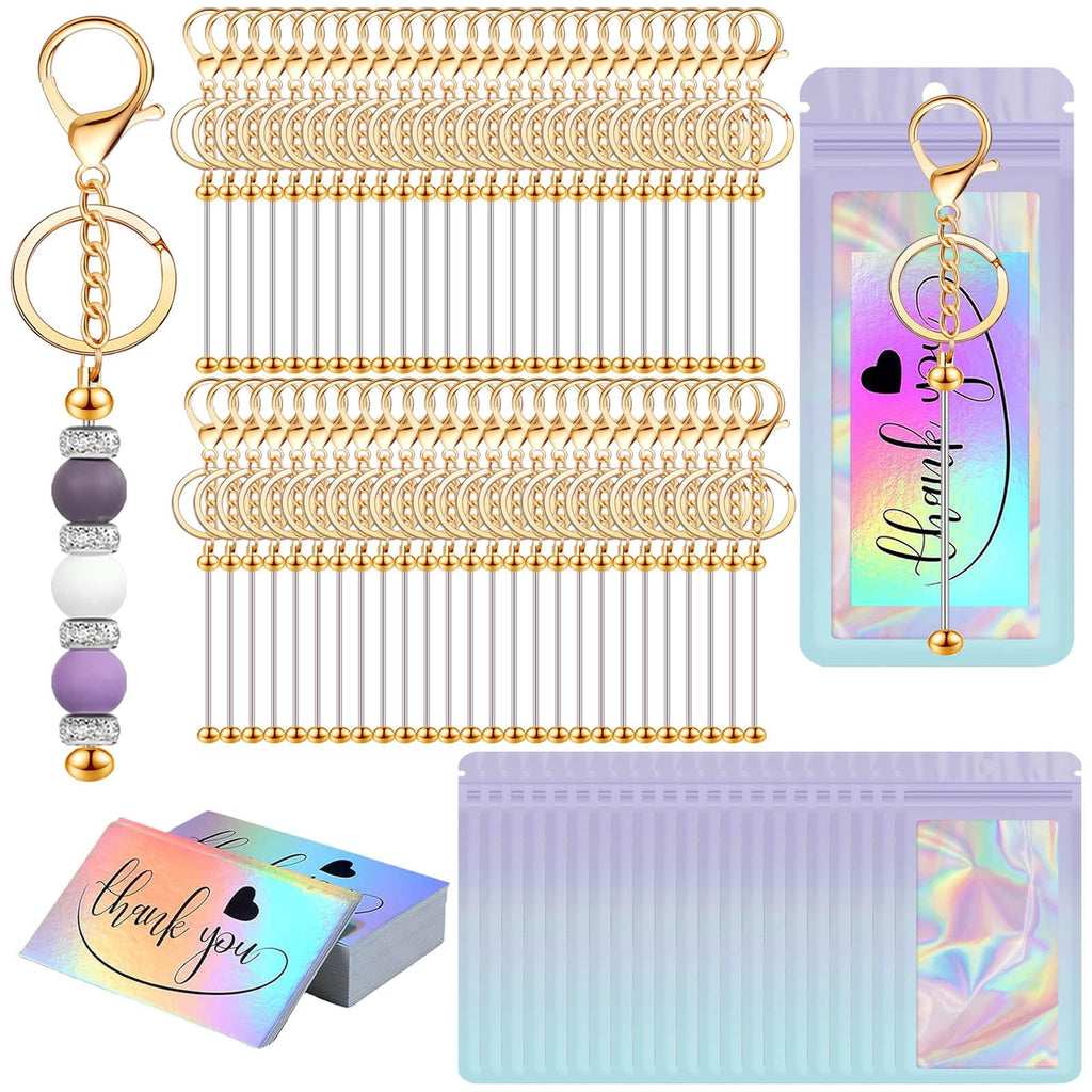 42/84/126 Pcs Beadable Keychain Bars Bulk Blank DIY Beaded Keychain Making Supplies with Bag Thank You Card