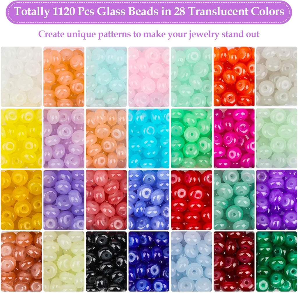 shynek 1120 Pieces Rondelle Beads for Jewelry Making, 28 Colors Glass Abacus Beads, Spacers for Bracelets, Jewelry Making and DIY Crafts, 5x8mm