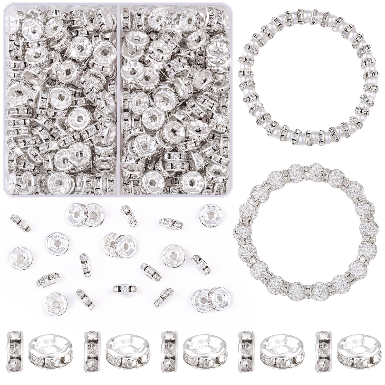 TINKRSTUFF 900 pcs 8mm Spacer Beads for Jewelry Making, 15 Colors Rondelle Bead Spacers Box, Fancy Sparkle Crystal Rhinestone Loose Beads for Bracelet Necklace Earring and Pens DIY Dec
