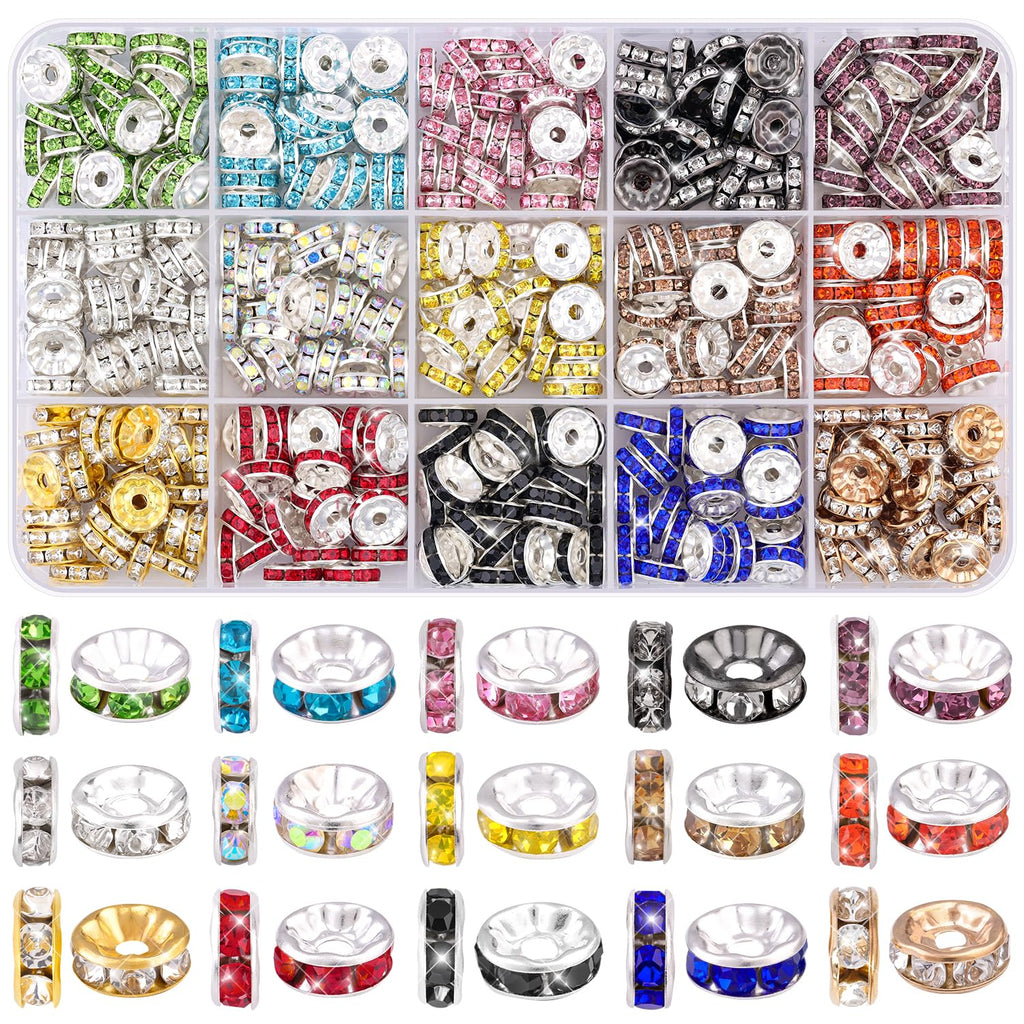 TINKRSTUFF 900 pcs 8mm Spacer Beads for Jewelry Making, 15 Colors Rondelle Bead Spacers Box, Fancy Sparkle Crystal Rhinestone Loose Beads for Bracelet Necklace Earring and Pens DIY Dec