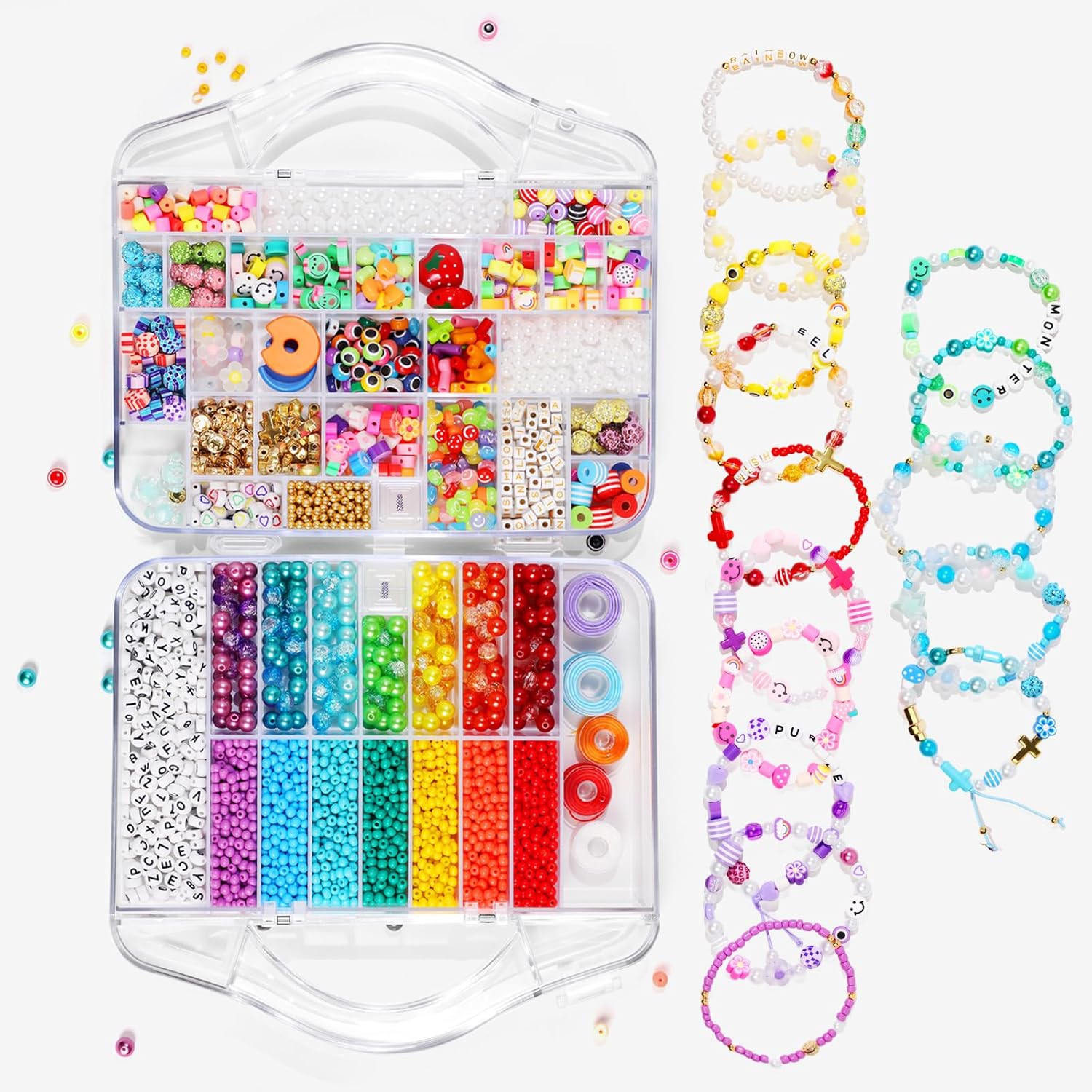 Bracelet Making Kit with 2000+ Pcs Beads (50 Types) – Pony, Kandi, Polymer Clay, Smile Face & Letter Beads for Jewelry Making, DIY Craft Set with Storage Box for Kids Adults