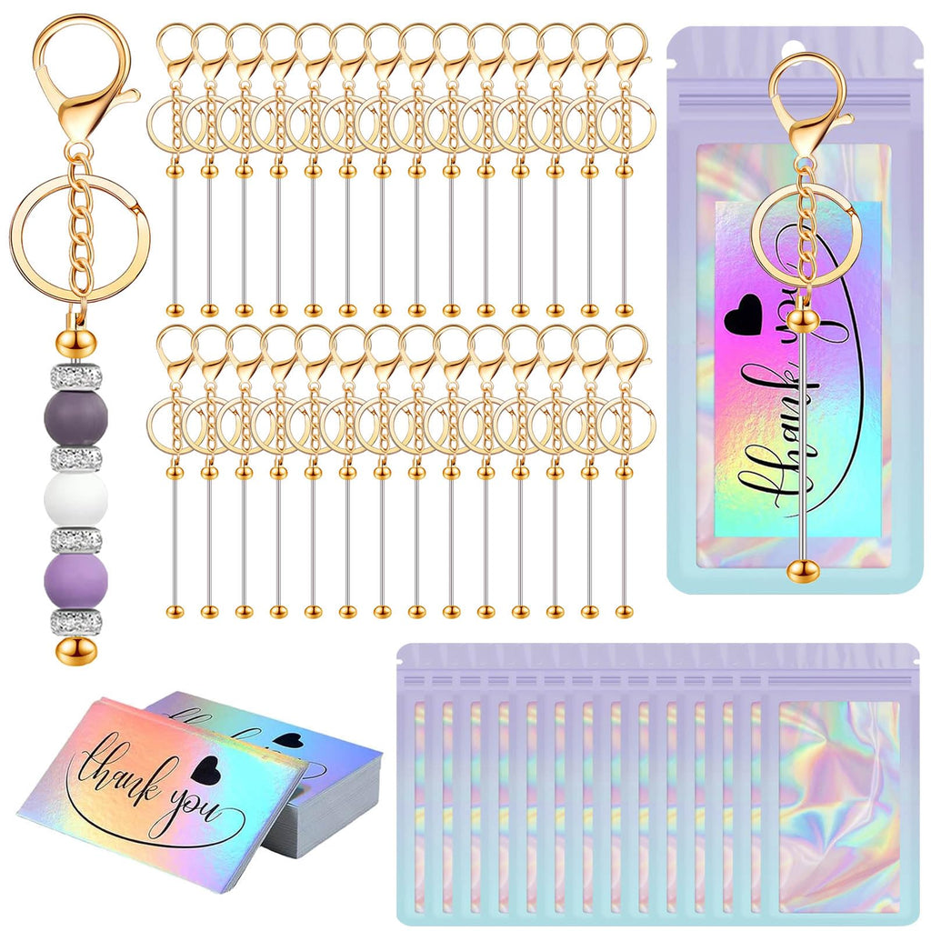 42/84/126 Pcs Beadable Keychain Bars Bulk Blank DIY Beaded Keychain Making Supplies with Bag Thank You Card