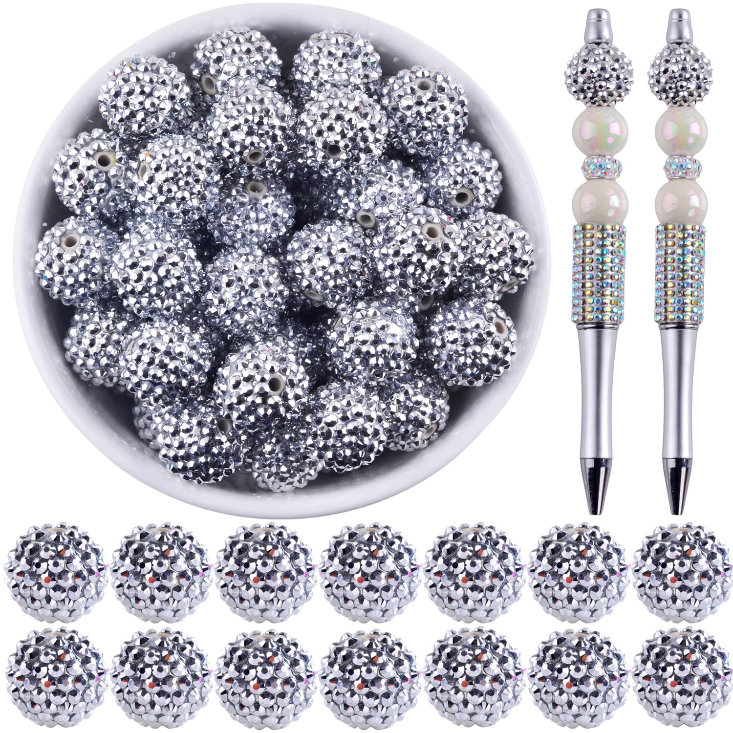 20mm Rhinestone Beads for Pens 20pcs Beaded Pens Beads Bling Glitter Suger Bugglegum Beads Large Balls Crystal Pen Beads for DIY Pens Keychain Making Suppliers Bulk