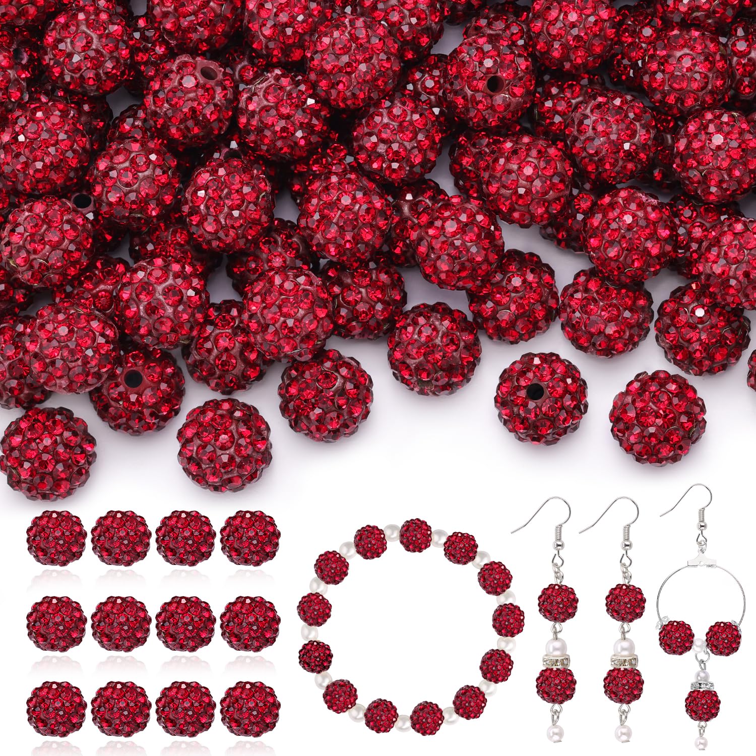 120 pcs 10mm Rhinestone Beads for Jewelry Making, 12 Mixed Colors Shiny Round Shamballa Disco Ball Beads, Sparkle Crystal Clay Christmas for Bracelet Baseball Necklace Earring and DIY