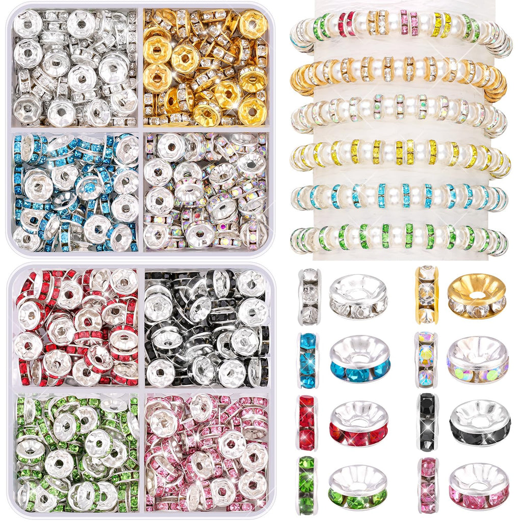 TINKRSTUFF 900 pcs 8mm Spacer Beads for Jewelry Making, 15 Colors Rondelle Bead Spacers Box, Fancy Sparkle Crystal Rhinestone Loose Beads for Bracelet Necklace Earring and Pens DIY Dec