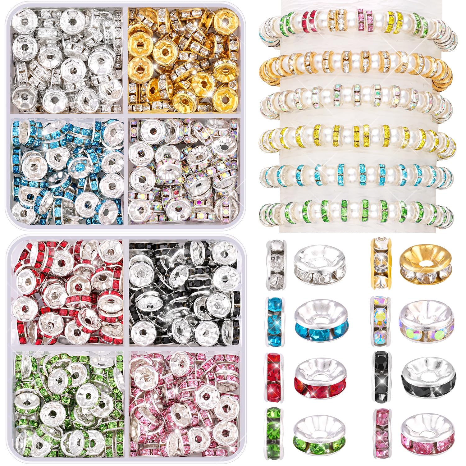 TINKRSTUFF 900 pcs 8mm Spacer Beads for Jewelry Making, 15 Colors Rondelle Bead Spacers Box, Fancy Sparkle Crystal Rhinestone Loose Beads for Bracelet Necklace Earring and Pens DIY Dec