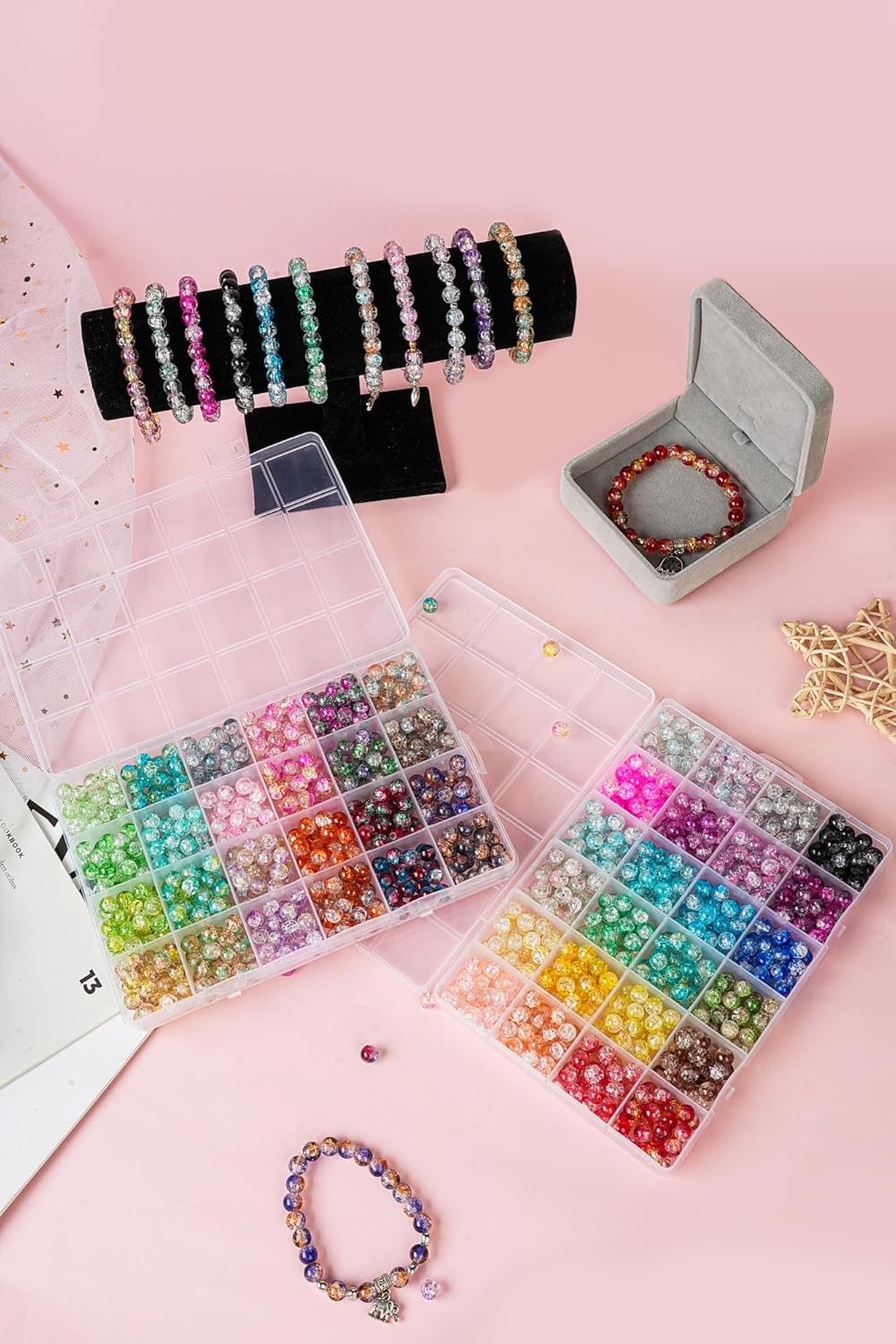 REVKI 1300PCS 8mm Mixed Crackle Glass Beads for Bracelets Making with Accessories, 48 Colors Crystal Glass Beads Jewelry Making Kit, Round Beads for DIY Bracelet Crafts