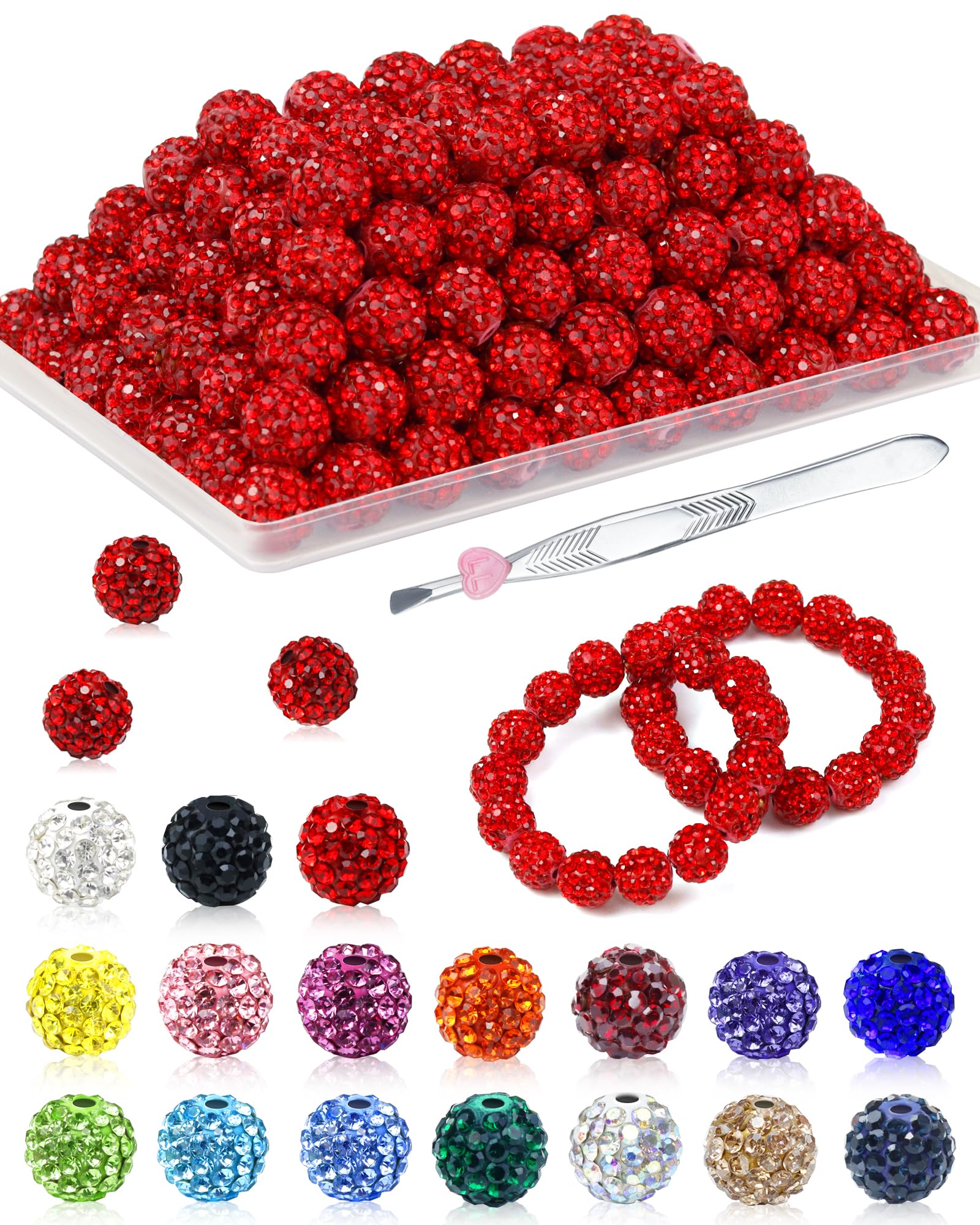 200PCS FIVEIZERO Rhinestone Beads for Jewelry Making, 15 Colors Round Sparkle Crystal Clay Bead Bulk Sparkly Baseball Necklace Beads for Bracelets and DIY Crafts