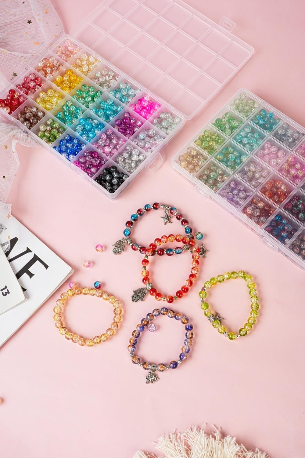 REVKI 1300PCS 8mm Mixed Crackle Glass Beads for Bracelets Making with Accessories, 48 Colors Crystal Glass Beads Jewelry Making Kit, Round Beads for DIY Bracelet Crafts
