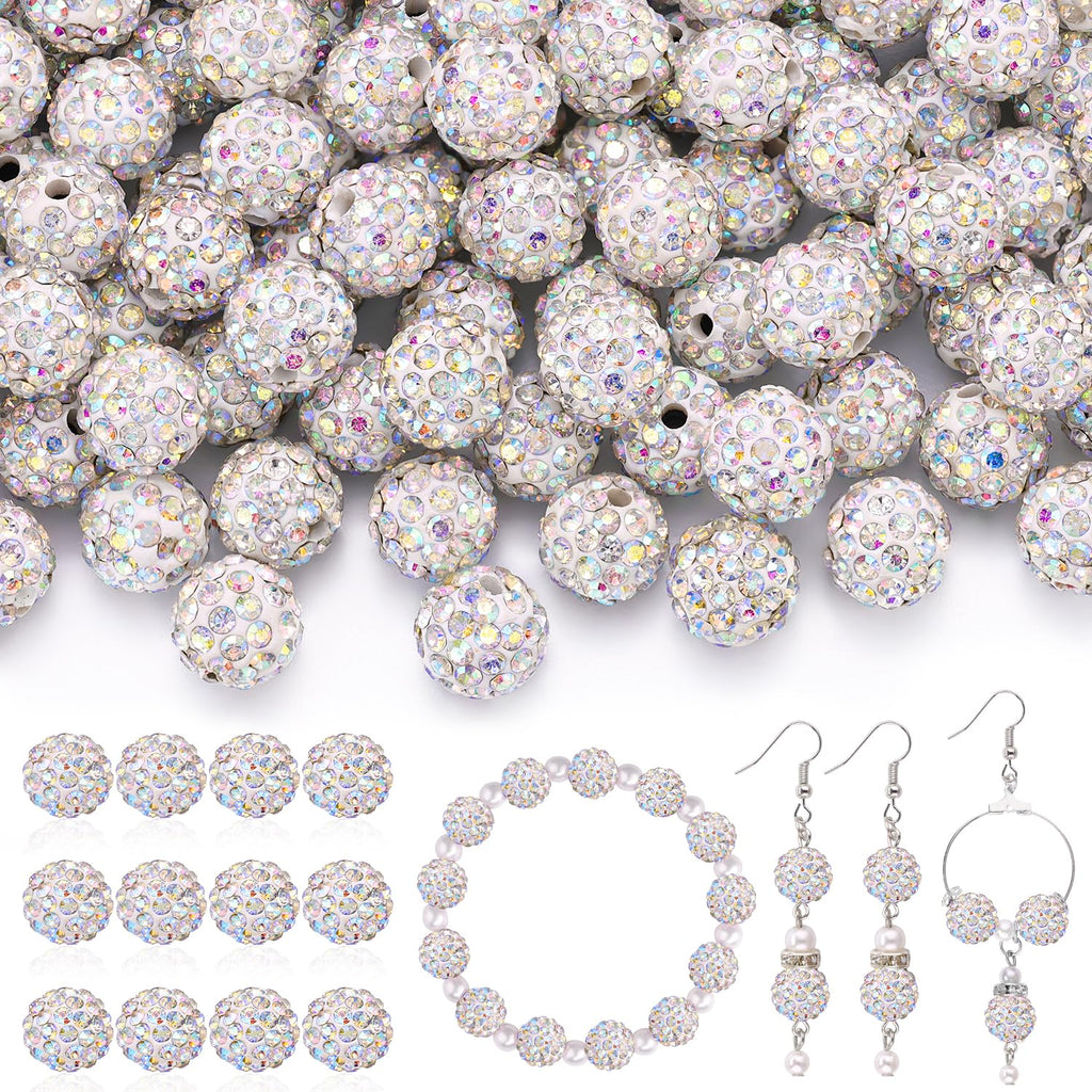 120 pcs 10mm Rhinestone Beads for Jewelry Making, 12 Mixed Colors Shiny Round Shamballa Disco Ball Beads, Sparkle Crystal Clay Christmas for Bracelet Baseball Necklace Earring and DIY