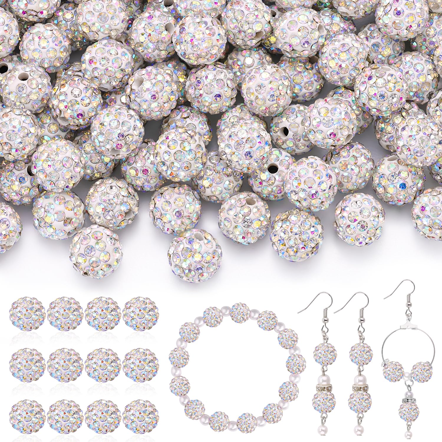 120 pcs 10mm Rhinestone Beads for Jewelry Making, 12 Mixed Colors Shiny Round Shamballa Disco Ball Beads, Sparkle Crystal Clay Christmas for Bracelet Baseball Necklace Earring and DIY