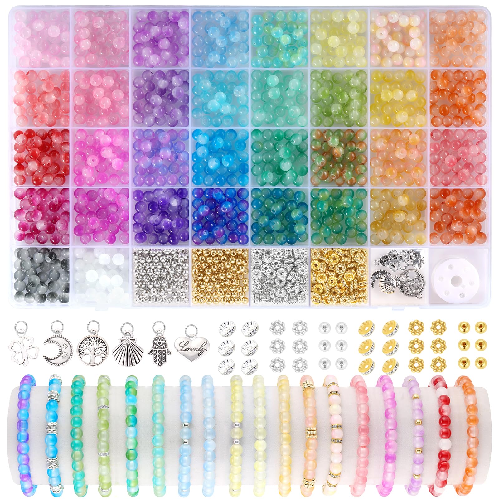 1368pcs 6mm Glass Beads for Bracelets, 34 Colors Crystal Beads for Jewelry Making, Funtopia Round Glass Beads for DIY Earrings Necklace Crafts with Spacer Beads and Charms, Solid and Gradient Colors
