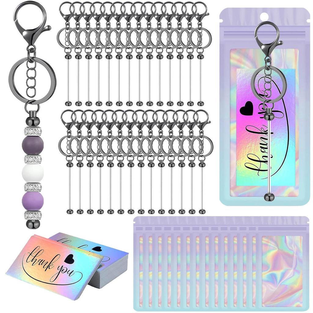 42/84/126 Pcs Beadable Keychain Bars Bulk Blank DIY Beaded Keychain Making Supplies with Bag Thank You Card