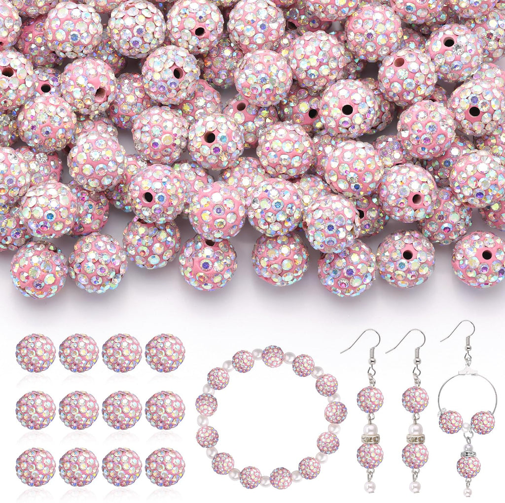 120 pcs 10mm Rhinestone Beads for Jewelry Making, 12 Mixed Colors Shiny Round Shamballa Disco Ball Beads, Sparkle Crystal Clay Christmas for Bracelet Baseball Necklace Earring and DIY