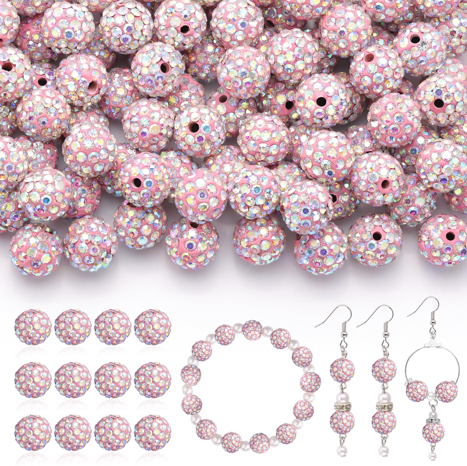 120 pcs 10mm Rhinestone Beads for Jewelry Making, 12 Mixed Colors Shiny Round Shamballa Disco Ball Beads, Sparkle Crystal Clay Christmas for Bracelet Baseball Necklace Earring and DIY