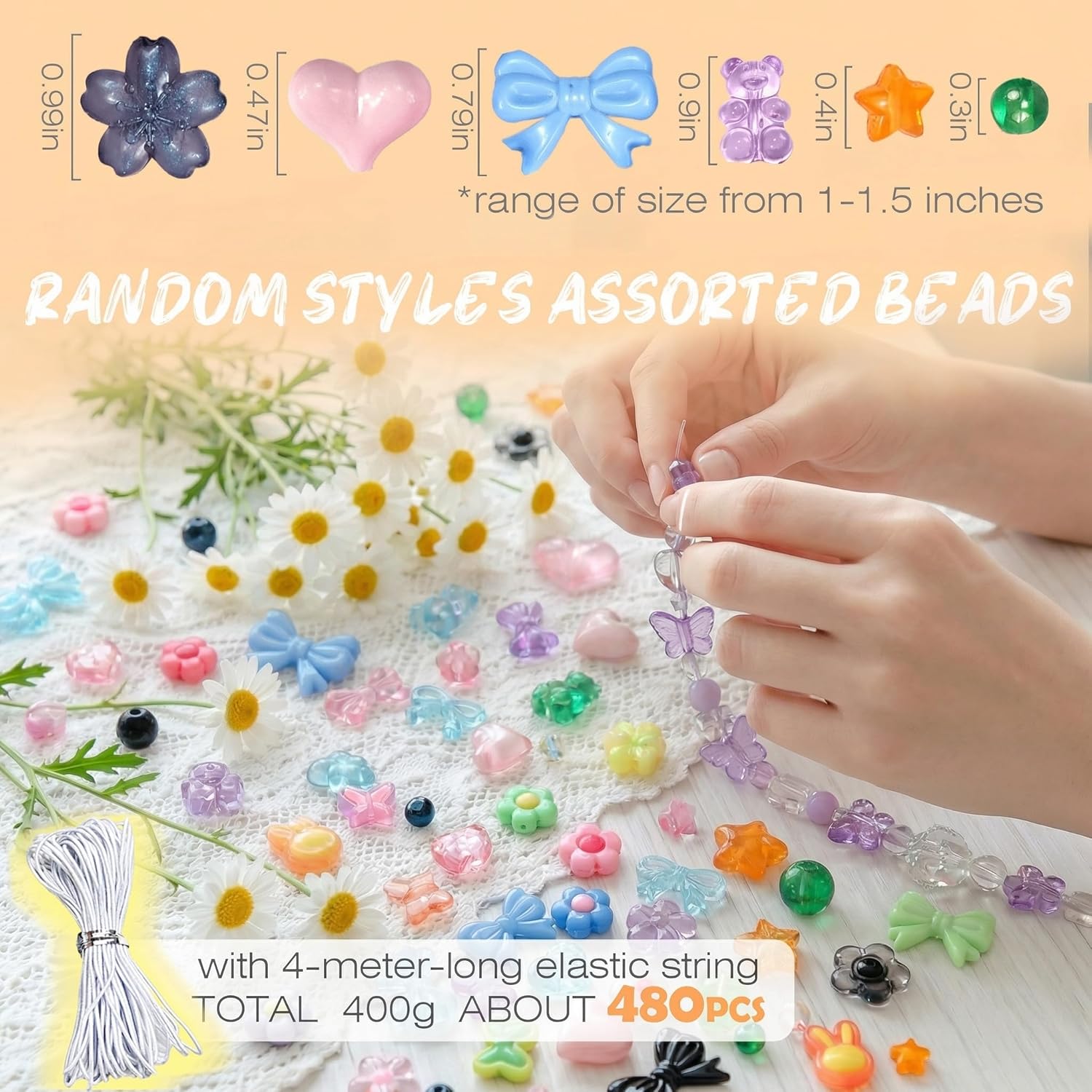 Sistenia 480PCS Acrylic Beads for Bracelet Making Kit with String, 6 Colors Assorted Cute Beads Bracelet Charms for Jewelry Making, Kawaii Bow Star Flower Shape for DIY Keychain Bag Necklace Charms
