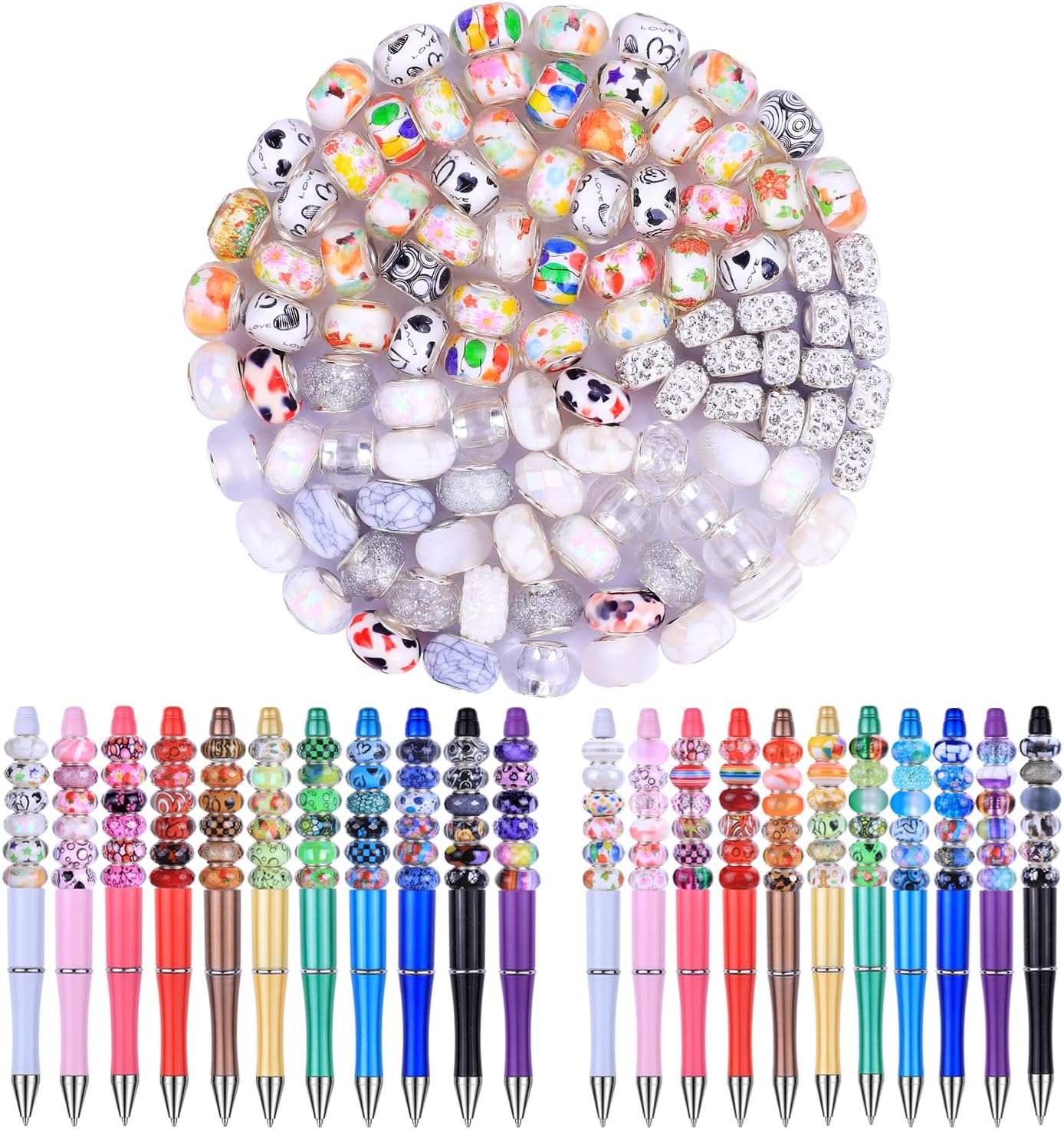 Aipridy Large Hole European Beads, Assorted Mixed Color Lampwork Spacer Beads for DIY Bracelet Jewelry Making, Craft Supplies Kit (100, White)