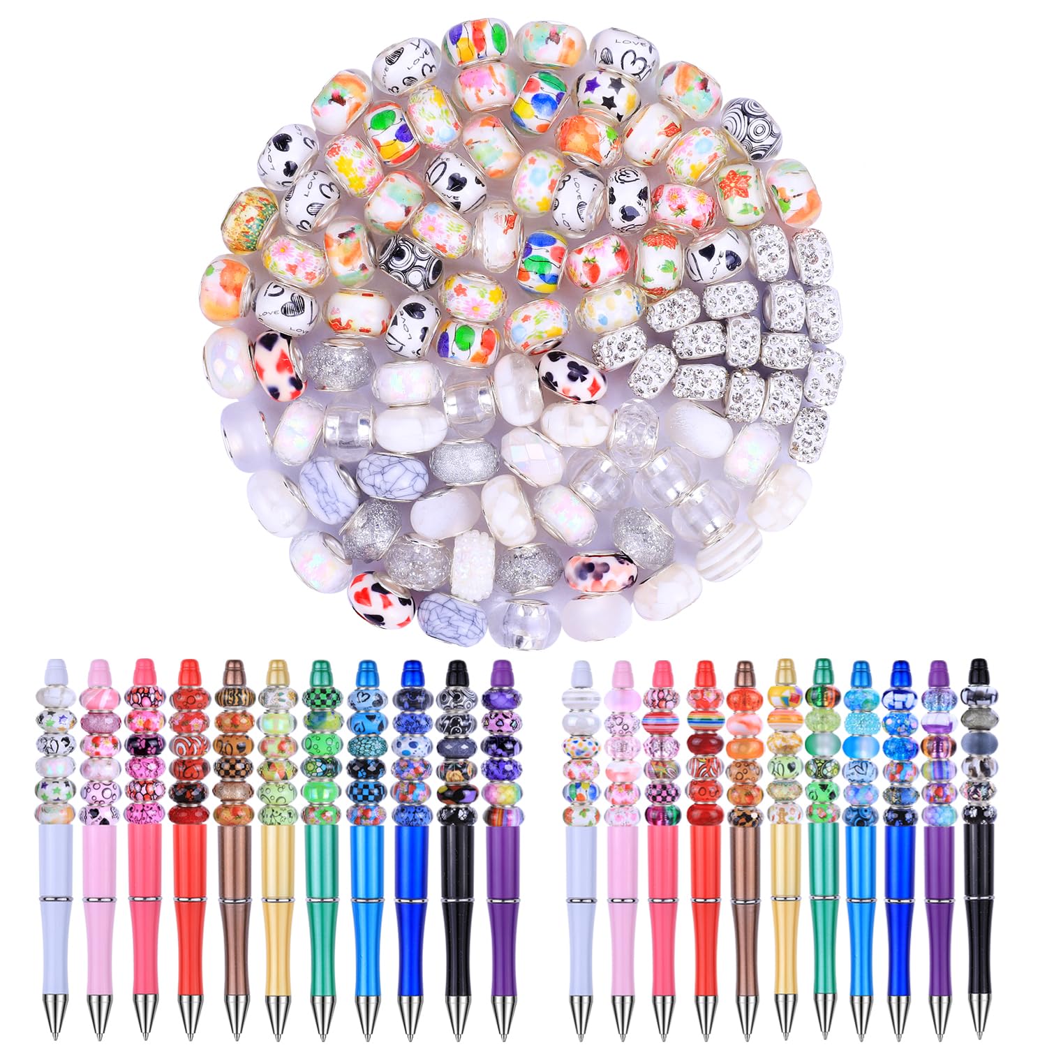 Aipridy Large Hole European Beads, Assorted Mixed Color Lampwork Spacer Beads for DIY Bracelet Jewelry Making, Craft Supplies Kit (100, White)