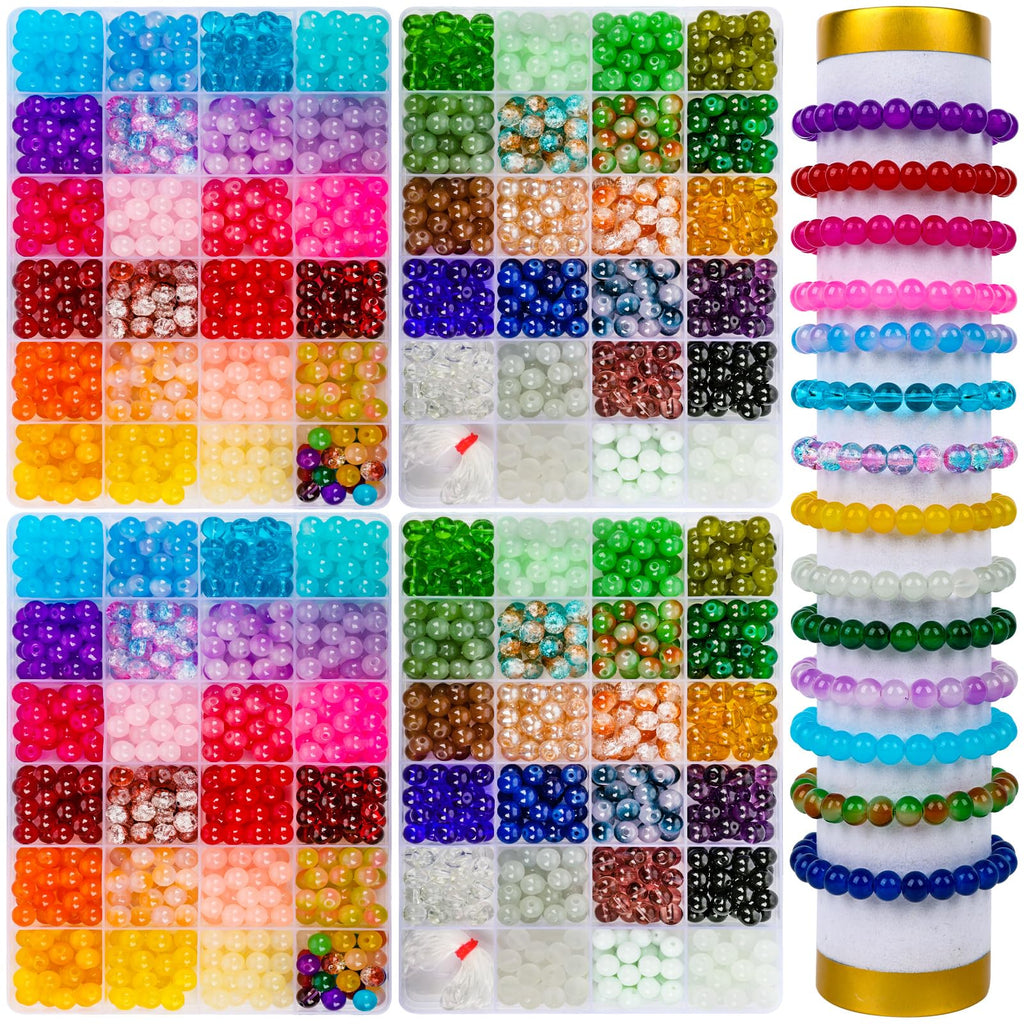 XSEINO 2400 PCS 8mm Glass Beads Bracelet Making Kit, 47 Colors Crystal Beads for Jewelry Making and DIY Crafts，4 Box Round Beads