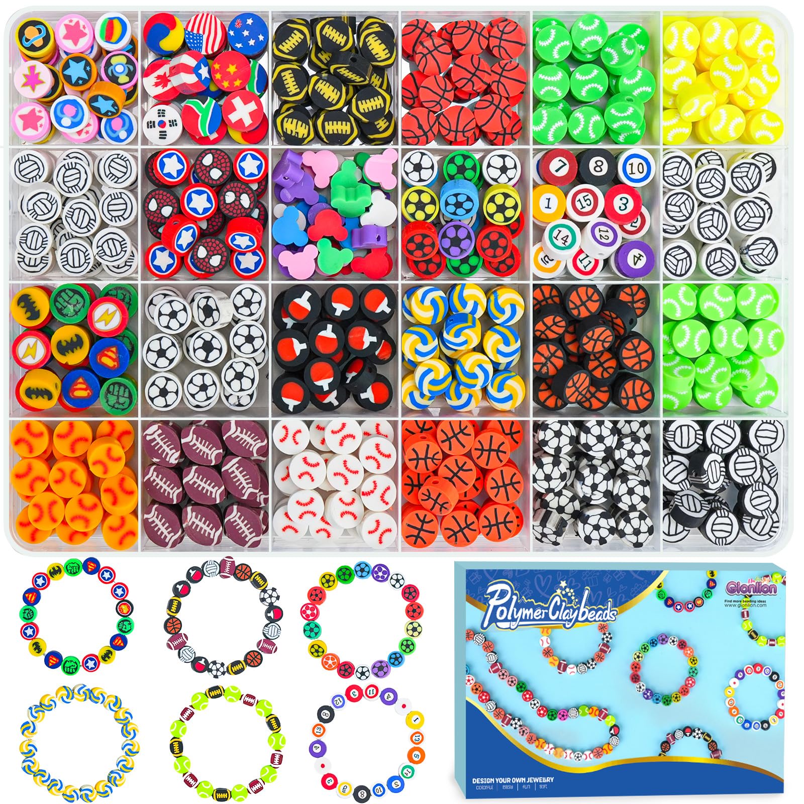 Gionlion 1200 Pcs Polymer Clay Beads Bracelet Making Kit, 25 Style Animal Fruit Flower Butterfly Bunny Pony Letter Beads Charms for Jewelry Making, DIY Art and Crafts Toys Gifts