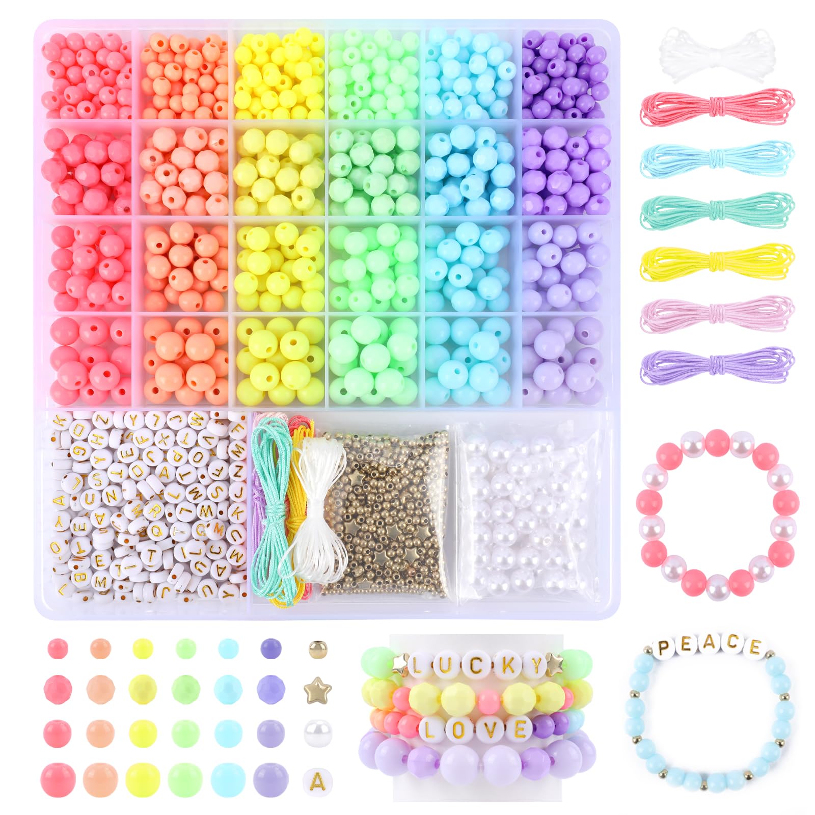 760PCS 8mm Glass Beads for Jewelry Making 24 Color Crystal Beads Bracelet Making Kit Gradient Round Bead for DIY Earrings Necklaces Rings with Letter Bead for Bracelets&Charms Accessories
