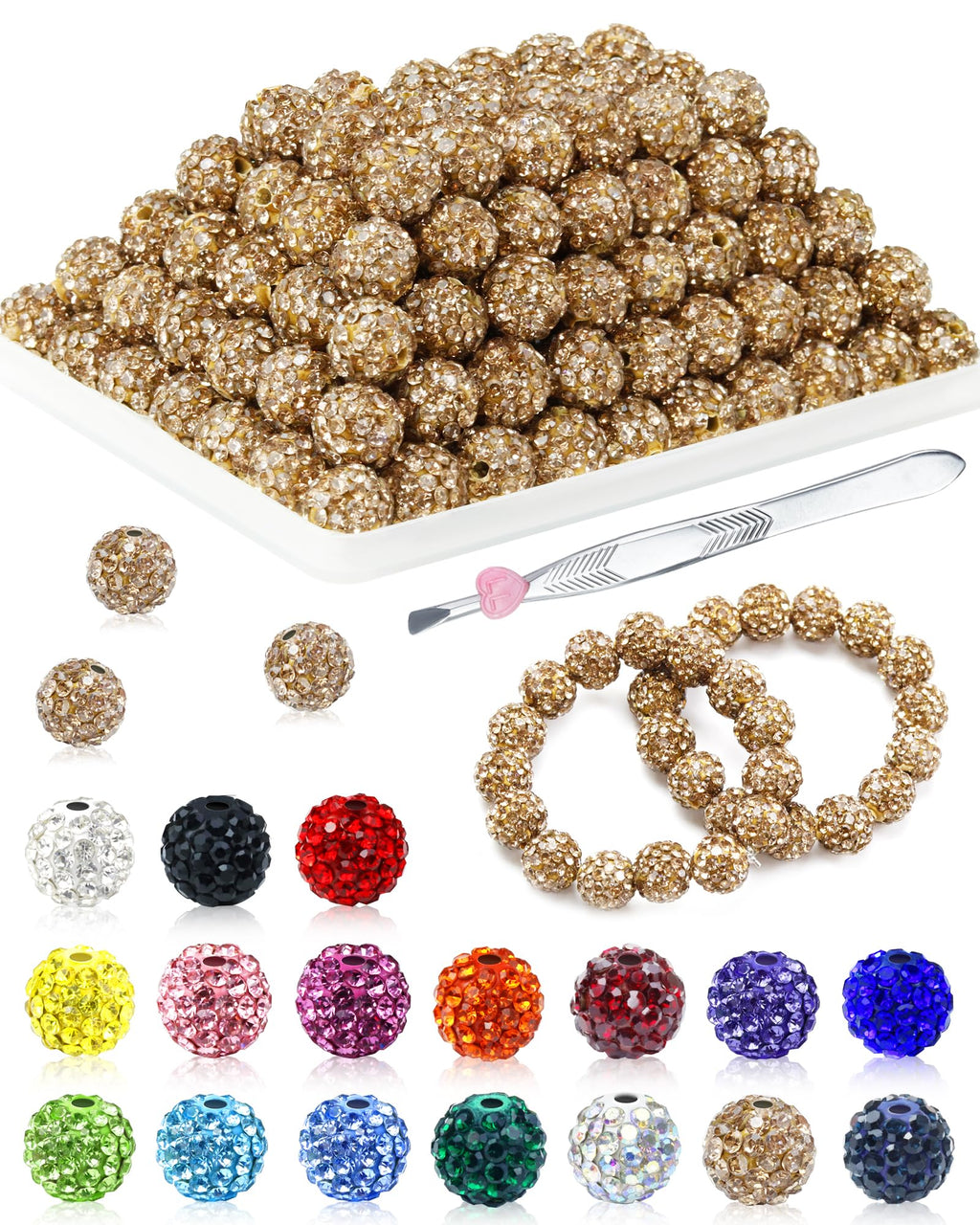 200PCS FIVEIZERO Rhinestone Beads for Jewelry Making, 15 Colors Round Sparkle Crystal Clay Bead Bulk Sparkly Baseball Necklace Beads for Bracelets and DIY Crafts