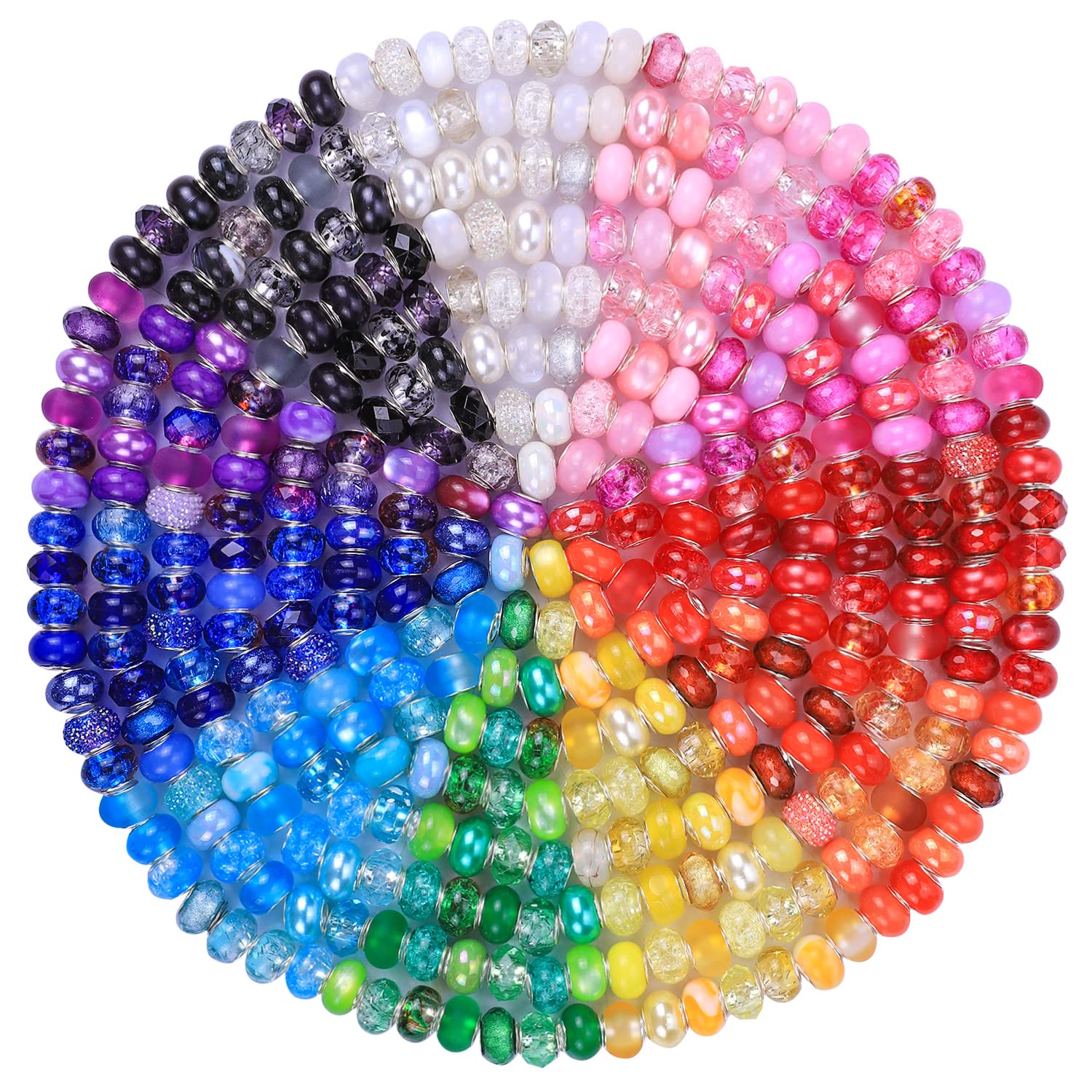 Aipridy Large Hole European Beads, Assorted Mixed Color Lampwork Spacer Beads for DIY Bracelet Jewelry Making, Craft Supplies Kit (100, White)