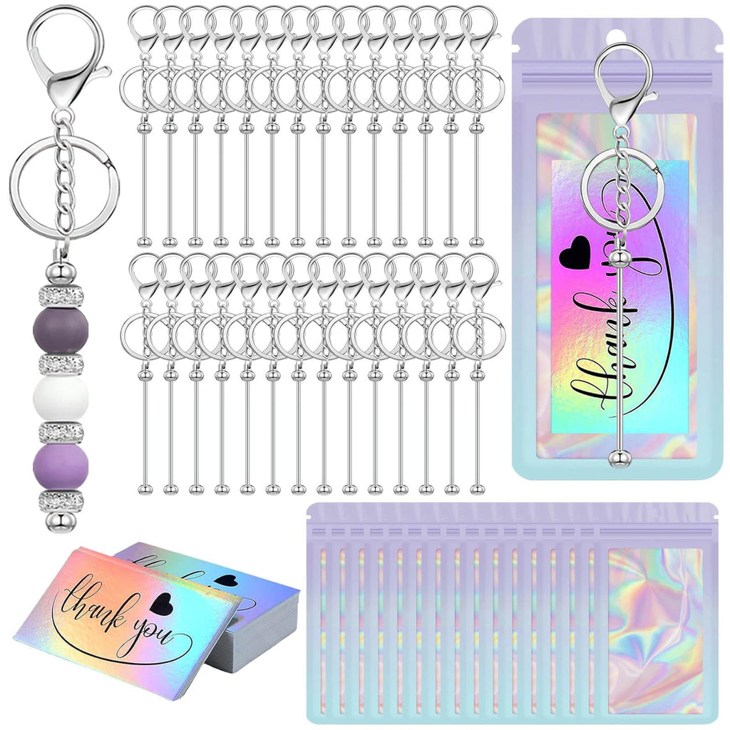 42/84/126 Pcs Beadable Keychain Bars Bulk Blank DIY Beaded Keychain Making Supplies with Bag Thank You Card