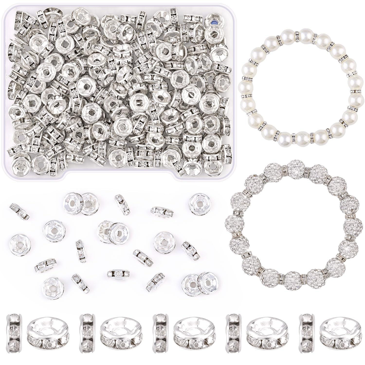 TINKRSTUFF 900 pcs 8mm Spacer Beads for Jewelry Making, 15 Colors Rondelle Bead Spacers Box, Fancy Sparkle Crystal Rhinestone Loose Beads for Bracelet Necklace Earring and Pens DIY Dec