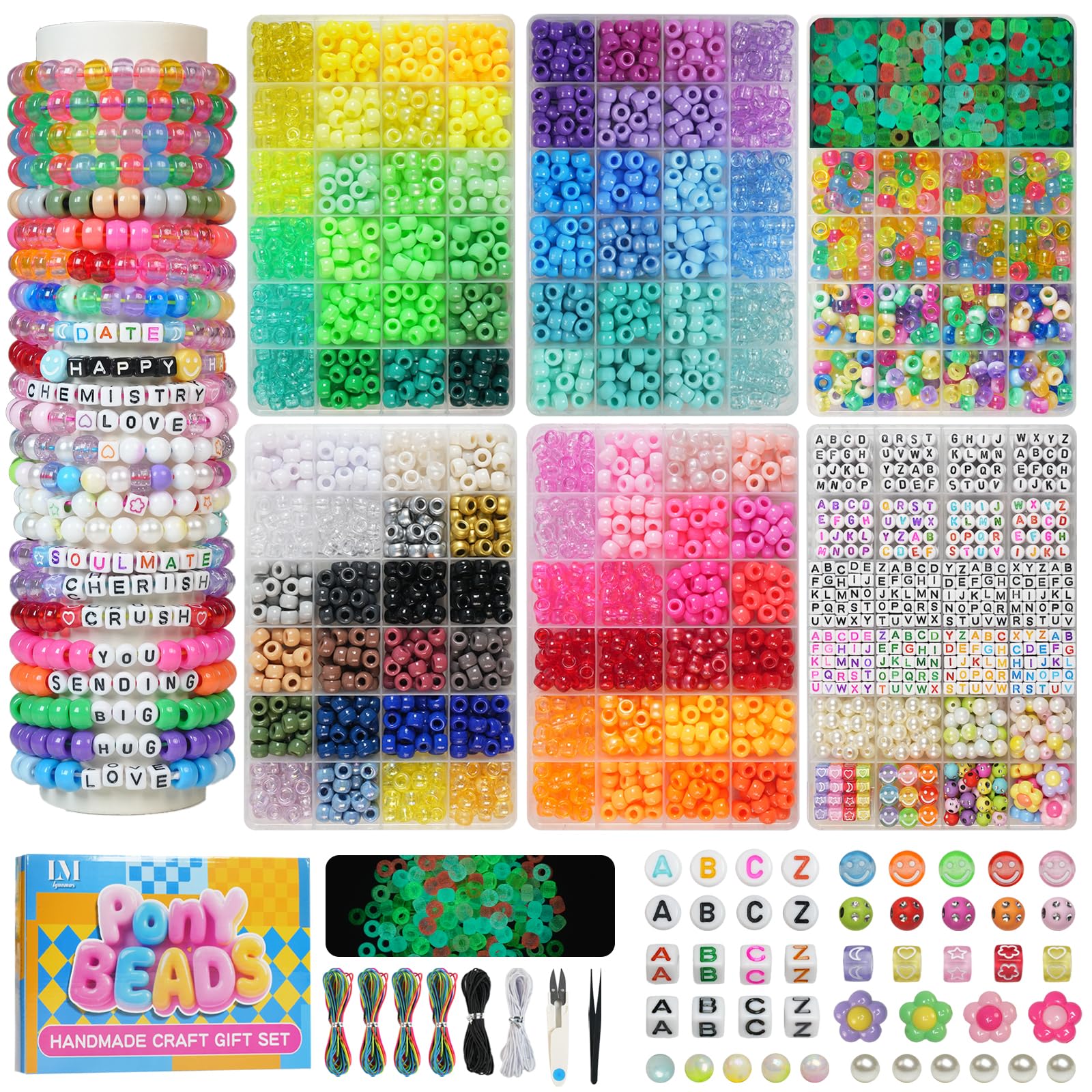 Lynnmos 3 Boxes Bracelet Making Kit Pony Beads, 2400Pcs 55 Colors Jewelry Making Supplies for Friendship Bracelets, DIY Crafts with Elastic Cords, Gifts for Girls