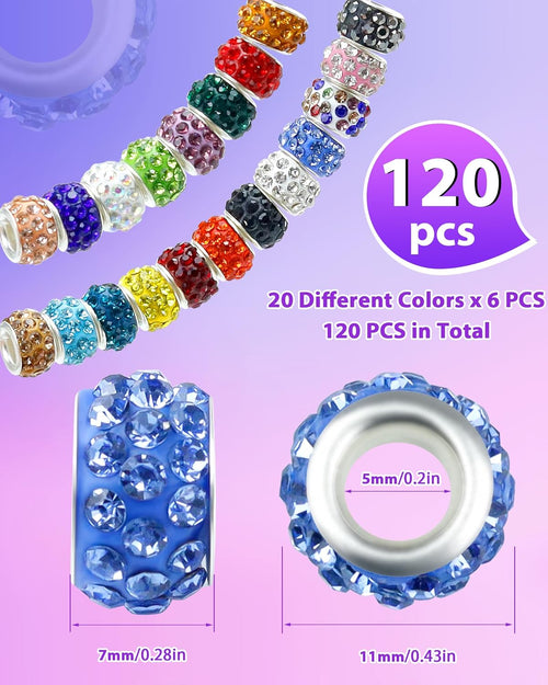 120PCS FIVEIZERO Rhinestone Large Hole Beads for Jewelry Making, 20 Colors Rhinestone European Bead Bulk Spacer Beads for Beadable Pens, DIY Crafts