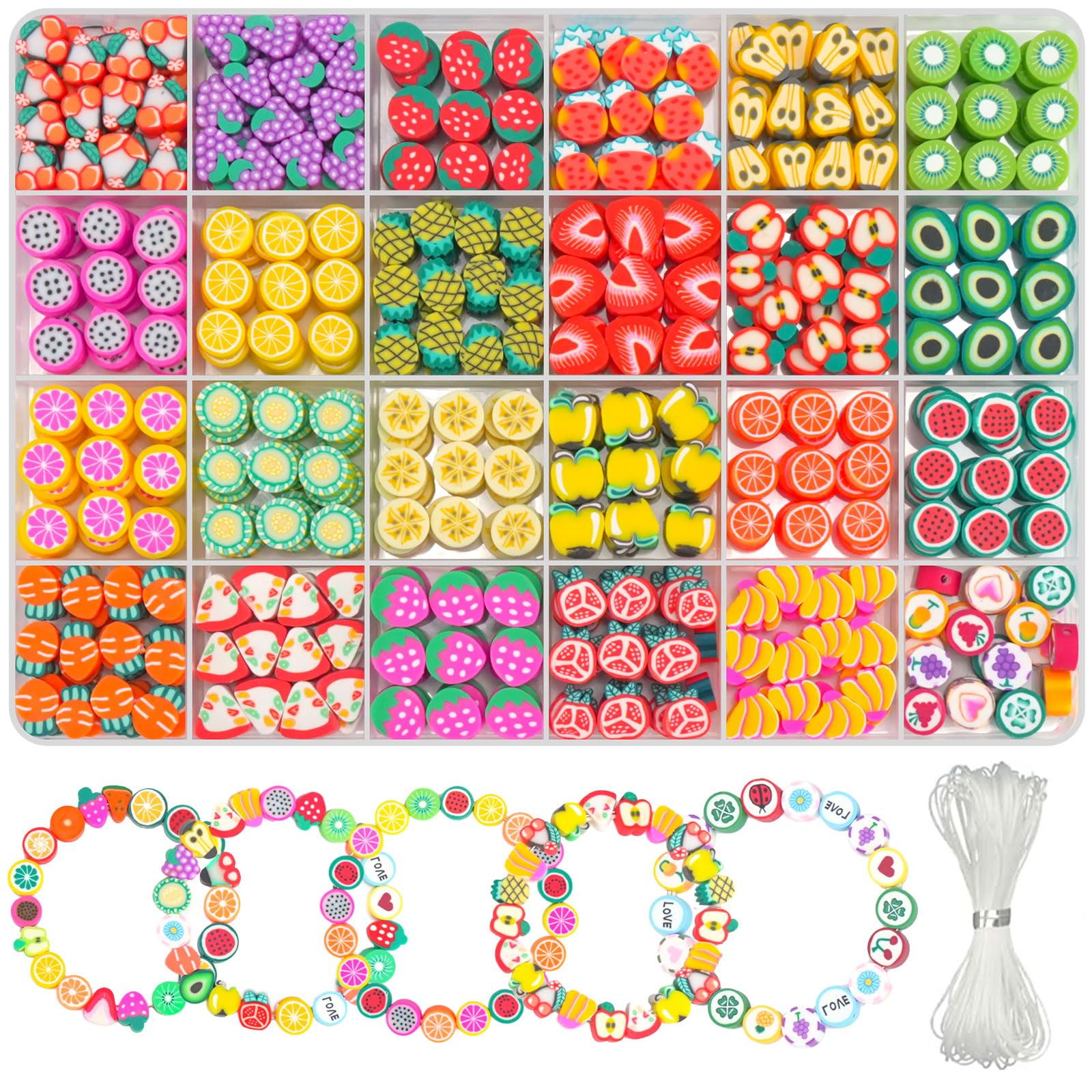 Gionlion 1200 Pcs Polymer Clay Beads Bracelet Making Kit, 25 Style Animal Fruit Flower Butterfly Bunny Pony Letter Beads Charms for Jewelry Making, DIY Art and Crafts Toys Gifts