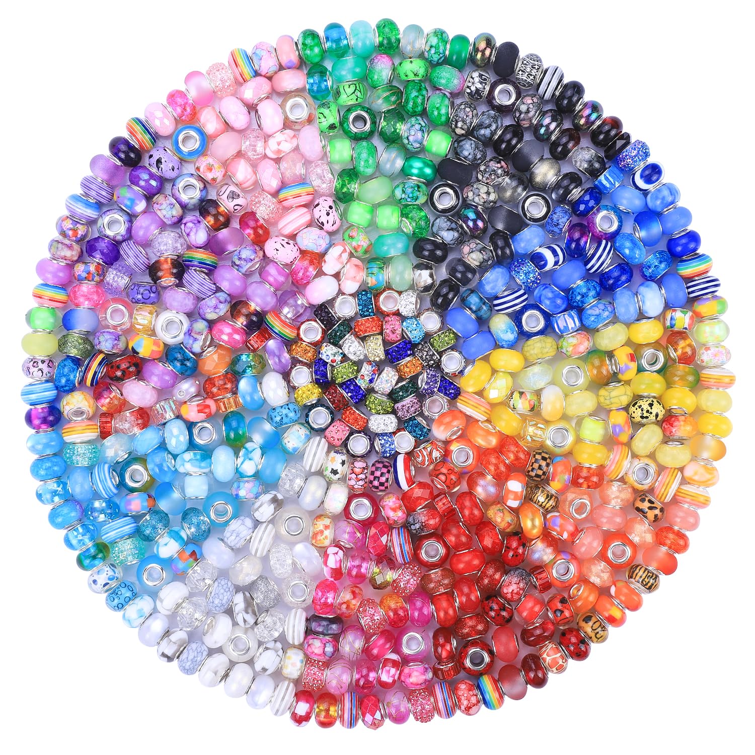 Aipridy Large Hole European Beads, Assorted Mixed Color Lampwork Spacer Beads for DIY Bracelet Jewelry Making, Craft Supplies Kit (100, White)