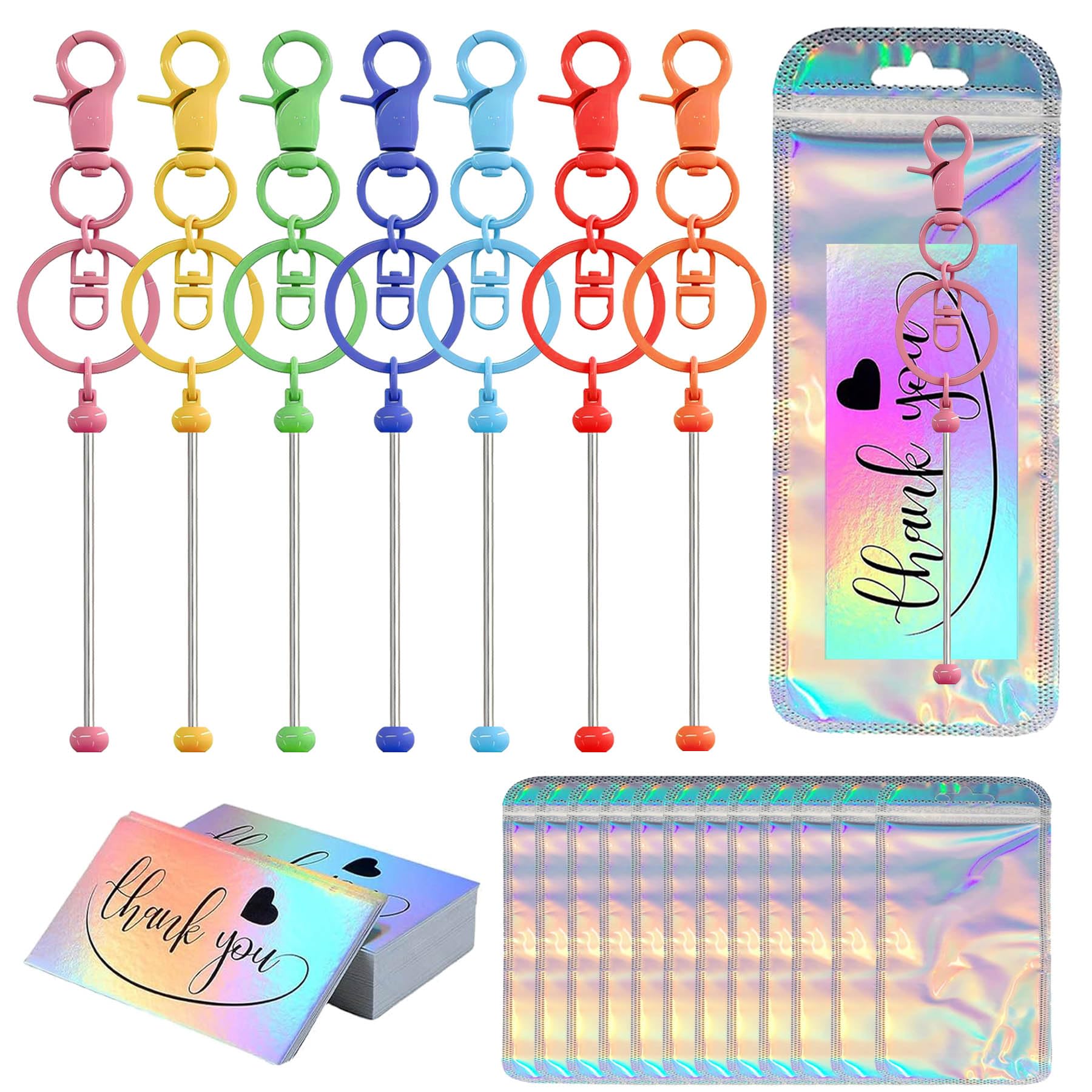 42/84/126 Pcs Beadable Keychain Bars Bulk Blank DIY Beaded Keychain Making Supplies with Bag Thank You Card