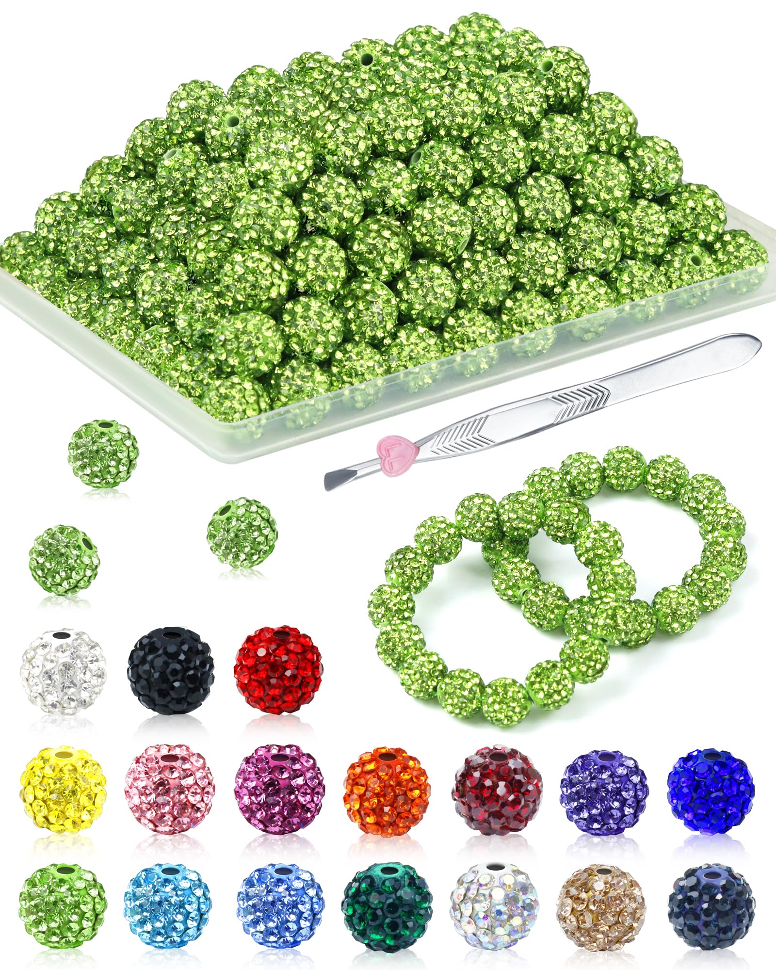 200PCS FIVEIZERO Rhinestone Beads for Jewelry Making, 15 Colors Round Sparkle Crystal Clay Bead Bulk Sparkly Baseball Necklace Beads for Bracelets and DIY Crafts