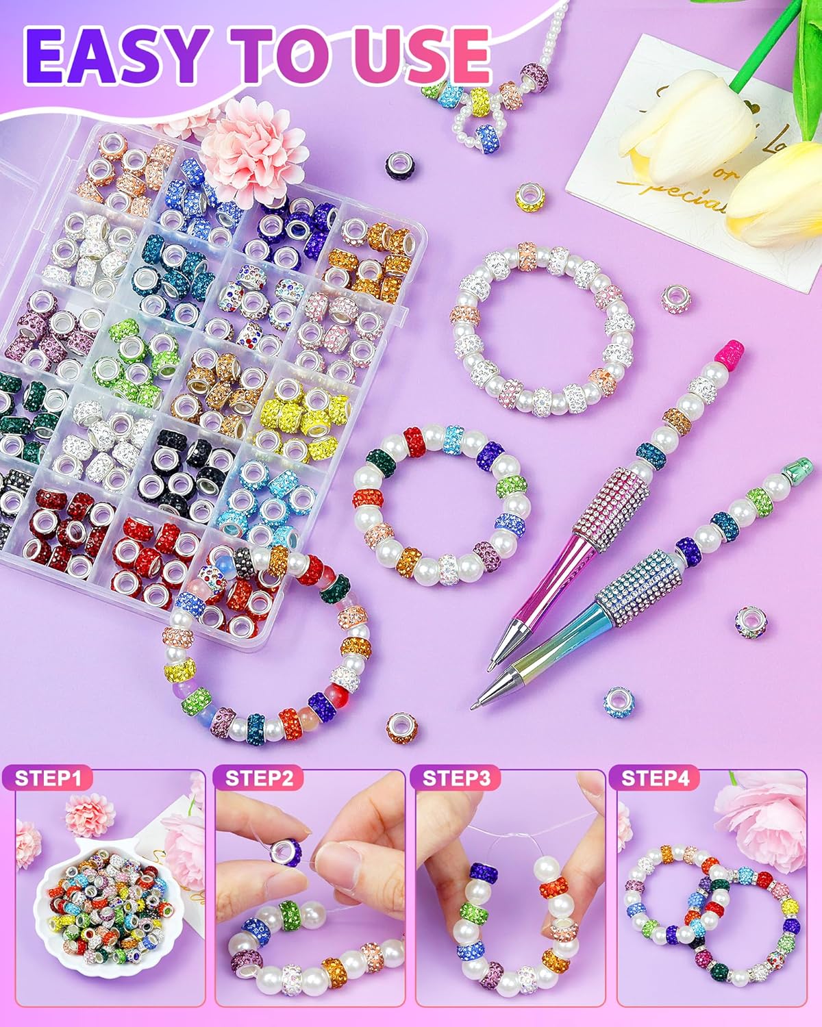 120PCS FIVEIZERO Rhinestone Large Hole Beads for Jewelry Making, 20 Colors Rhinestone European Bead Bulk Spacer Beads for Beadable Pens, DIY Crafts