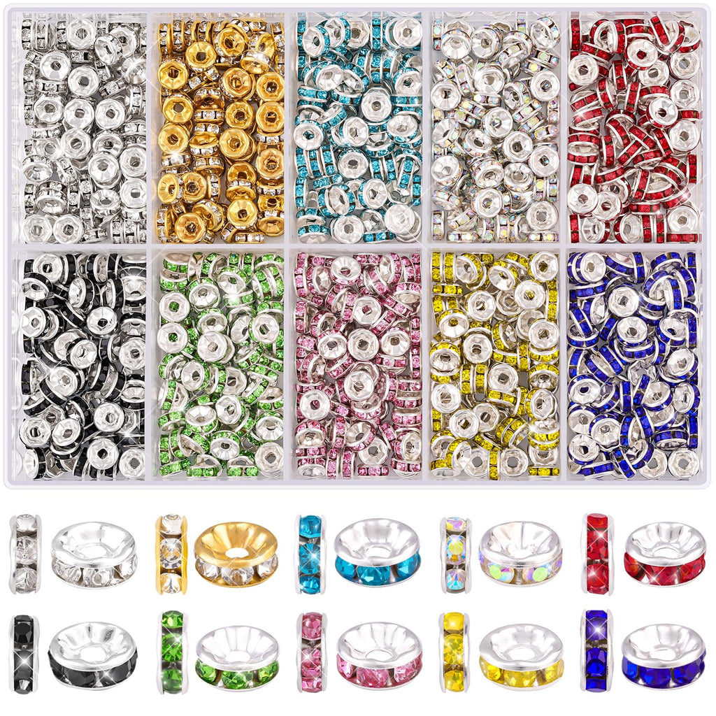 TINKRSTUFF 900 pcs 8mm Spacer Beads for Jewelry Making, 15 Colors Rondelle Bead Spacers Box, Fancy Sparkle Crystal Rhinestone Loose Beads for Bracelet Necklace Earring and Pens DIY Dec