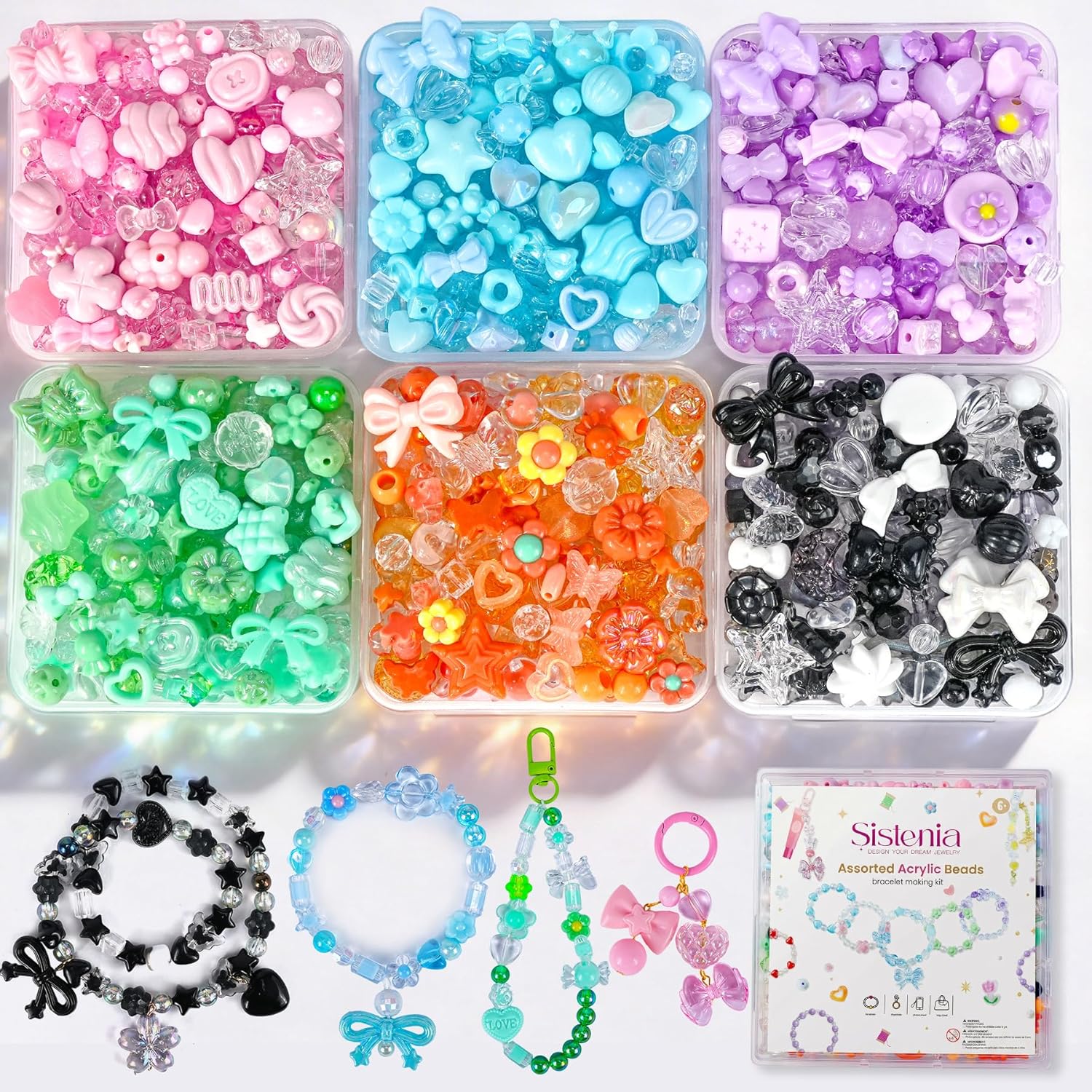Sistenia 480PCS Acrylic Beads for Bracelet Making Kit with String, 6 Colors Assorted Cute Beads Bracelet Charms for Jewelry Making, Kawaii Bow Star Flower Shape for DIY Keychain Bag Necklace Charms