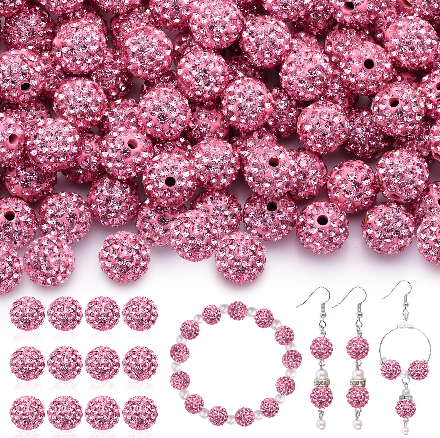 120 pcs 10mm Rhinestone Beads for Jewelry Making, 12 Mixed Colors Shiny Round Shamballa Disco Ball Beads, Sparkle Crystal Clay Christmas for Bracelet Baseball Necklace Earring and DIY