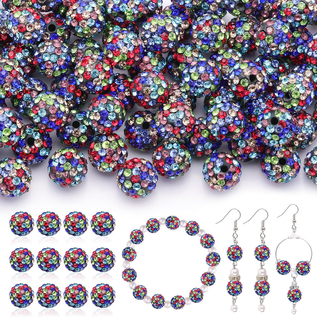 120 pcs 10mm Rhinestone Beads for Jewelry Making, 12 Mixed Colors Shiny Round Shamballa Disco Ball Beads, Sparkle Crystal Clay Christmas for Bracelet Baseball Necklace Earring and DIY