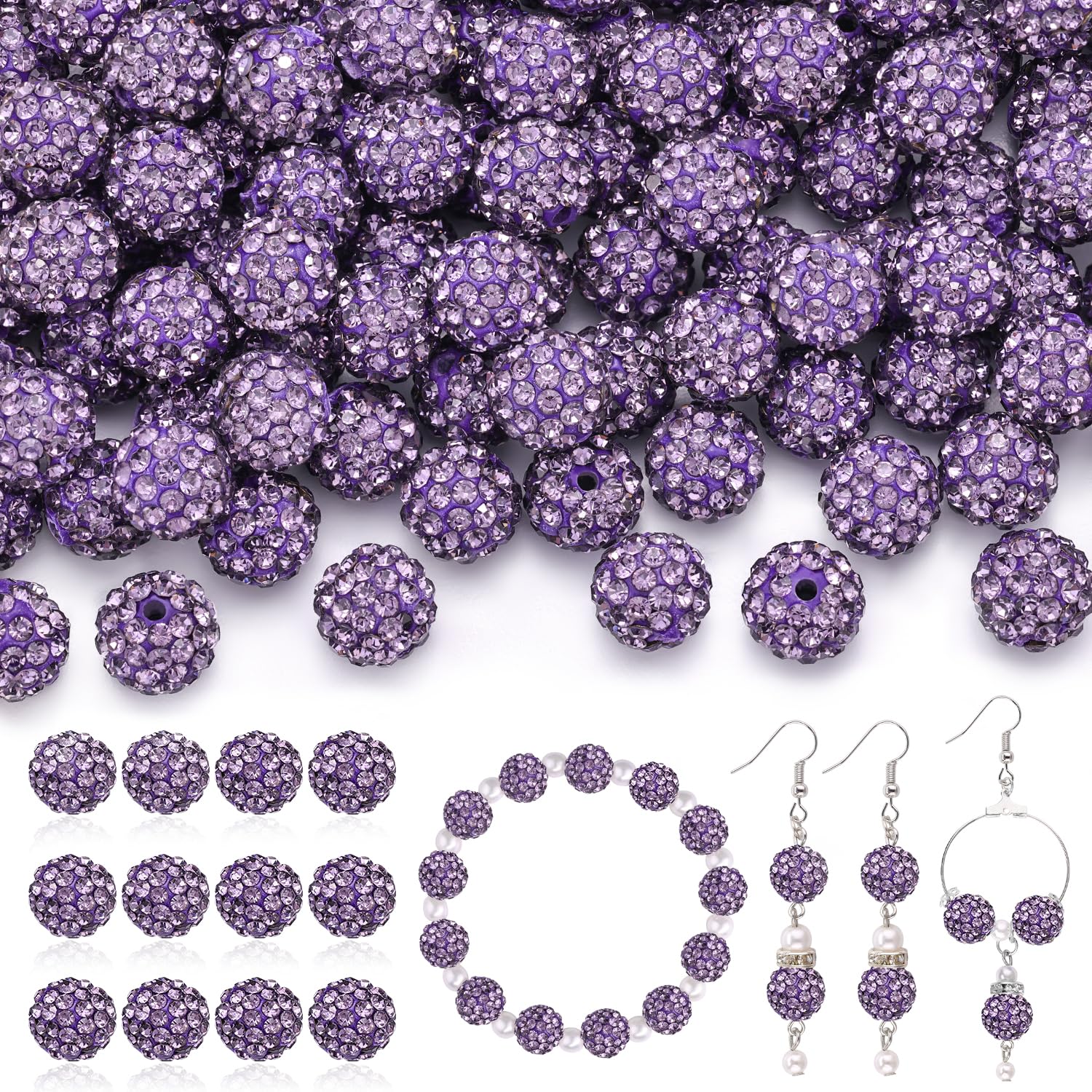 120 pcs 10mm Rhinestone Beads for Jewelry Making, 12 Mixed Colors Shiny Round Shamballa Disco Ball Beads, Sparkle Crystal Clay Christmas for Bracelet Baseball Necklace Earring and DIY