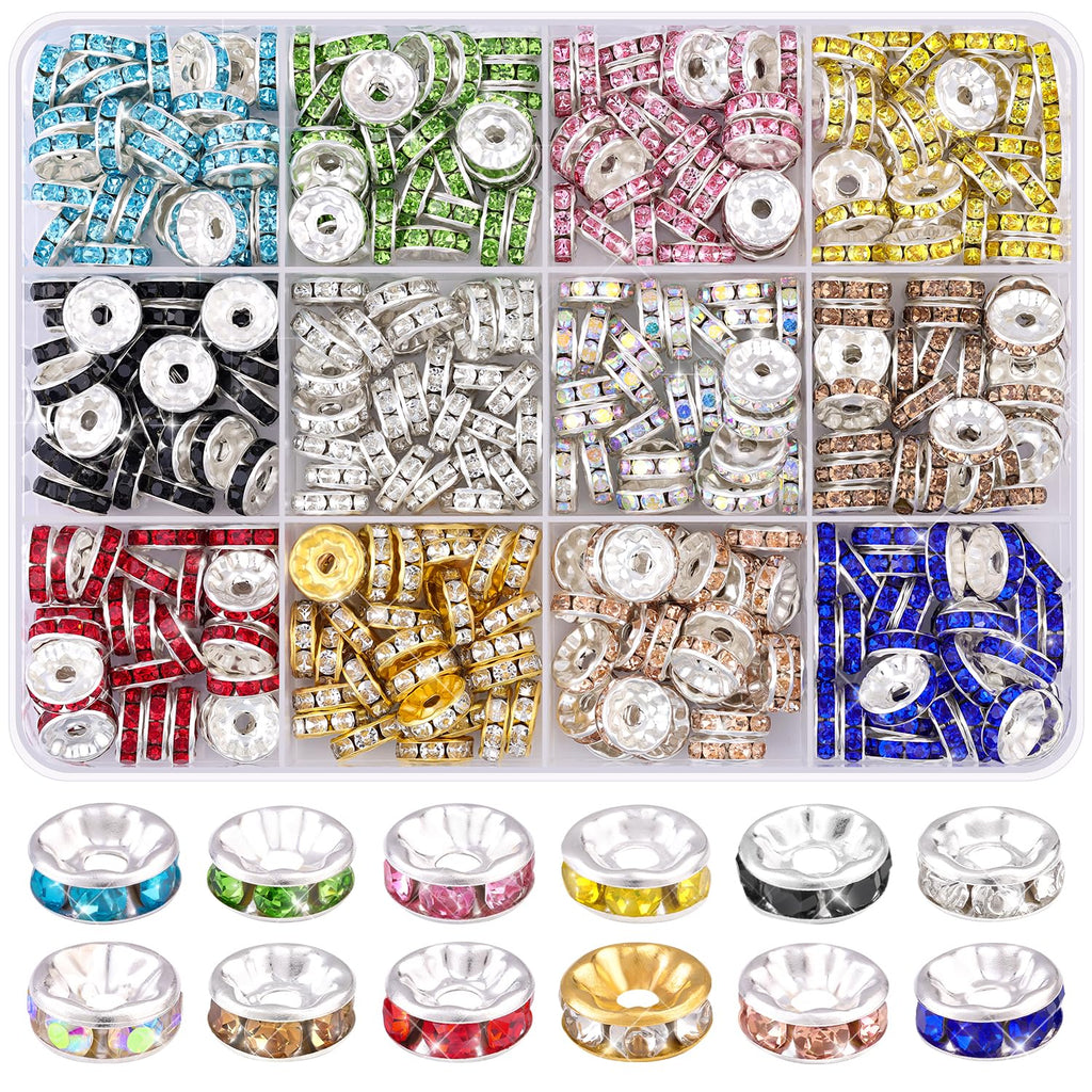 TINKRSTUFF 900 pcs 8mm Spacer Beads for Jewelry Making, 15 Colors Rondelle Bead Spacers Box, Fancy Sparkle Crystal Rhinestone Loose Beads for Bracelet Necklace Earring and Pens DIY Dec