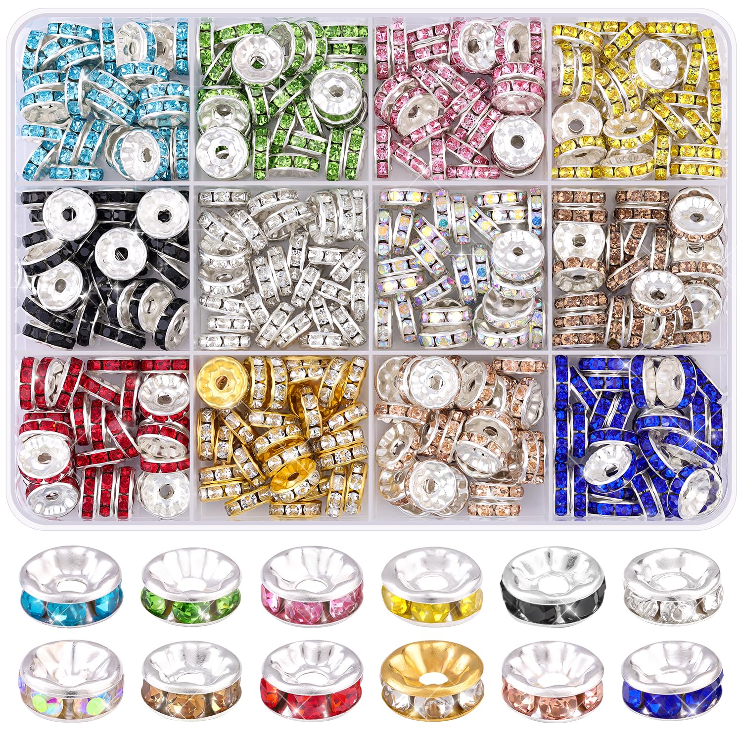 TINKRSTUFF 900 pcs 8mm Spacer Beads for Jewelry Making, 15 Colors Rondelle Bead Spacers Box, Fancy Sparkle Crystal Rhinestone Loose Beads for Bracelet Necklace Earring and Pens DIY Dec
