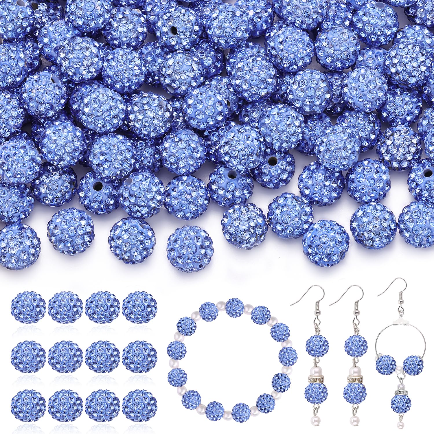 120 pcs 10mm Rhinestone Beads for Jewelry Making, 12 Mixed Colors Shiny Round Shamballa Disco Ball Beads, Sparkle Crystal Clay Christmas for Bracelet Baseball Necklace Earring and DIY