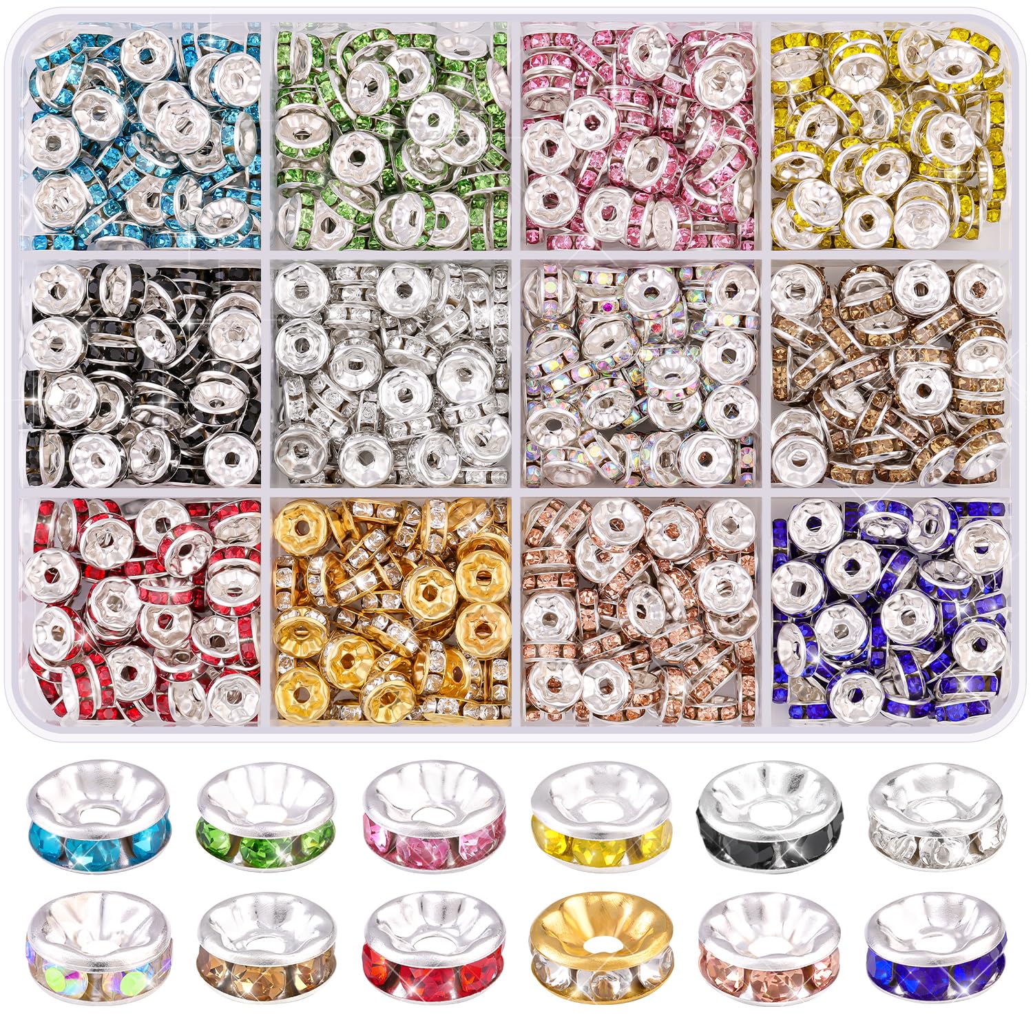 TINKRSTUFF 900 pcs 8mm Spacer Beads for Jewelry Making, 15 Colors Rondelle Bead Spacers Box, Fancy Sparkle Crystal Rhinestone Loose Beads for Bracelet Necklace Earring and Pens DIY Dec