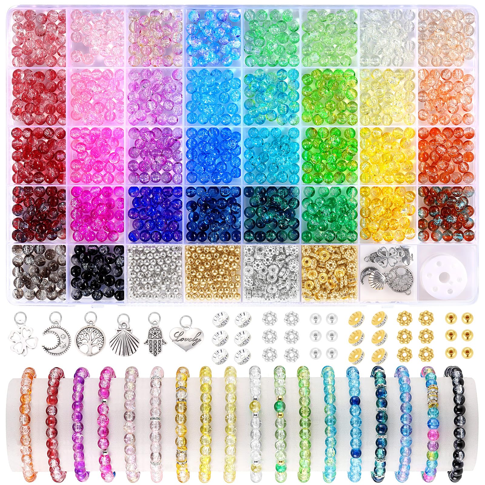 1368pcs 6mm Glass Beads for Bracelets, 34 Colors Crystal Beads for Jewelry Making, Funtopia Round Glass Beads for DIY Earrings Necklace Crafts with Spacer Beads and Charms, Solid and Gradient Colors
