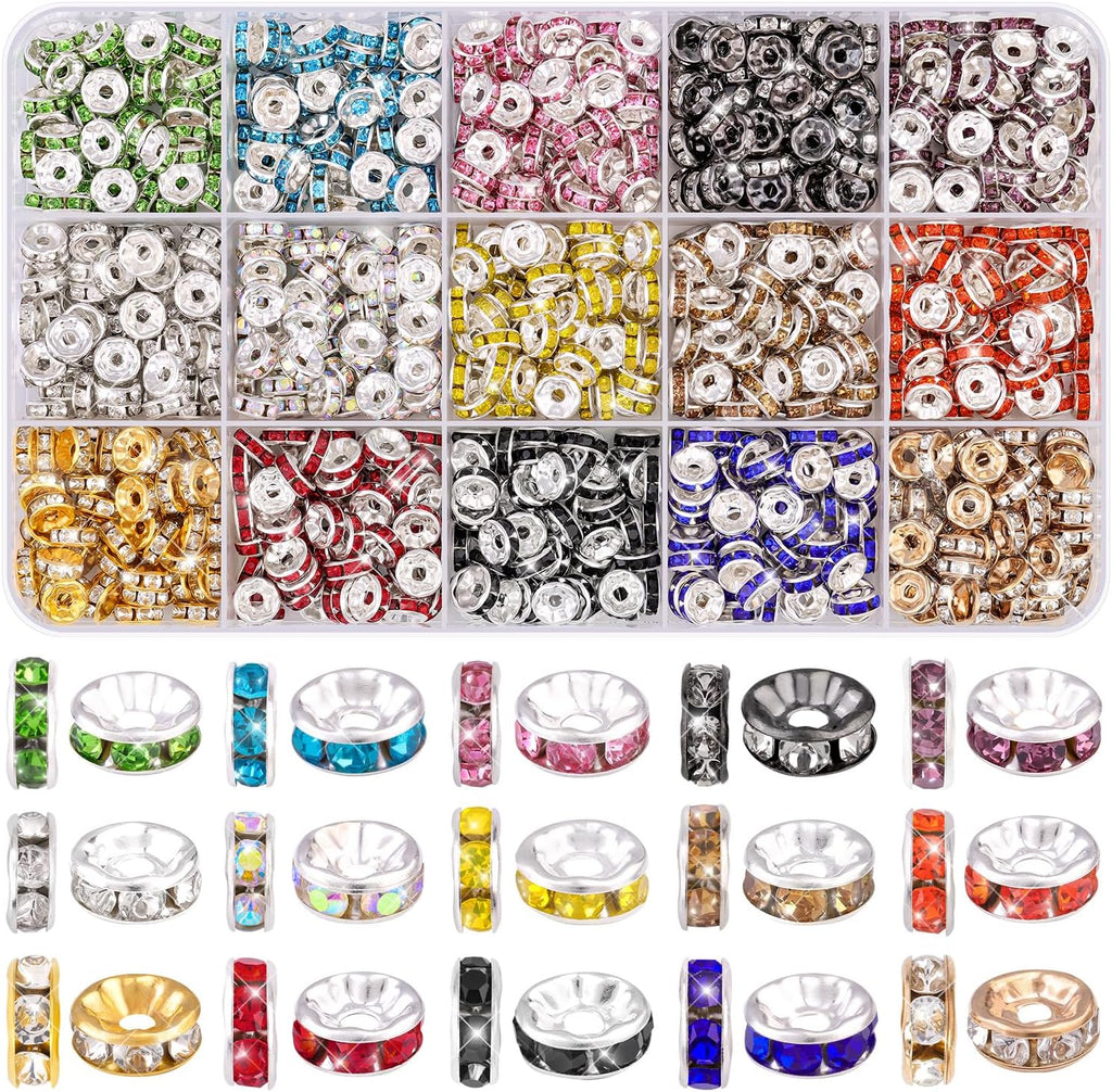 TINKRSTUFF 900 pcs 8mm Spacer Beads for Jewelry Making, 15 Colors Rondelle Bead Spacers Box, Fancy Sparkle Crystal Rhinestone Loose Beads for Bracelet Necklace Earring and Pens DIY Dec