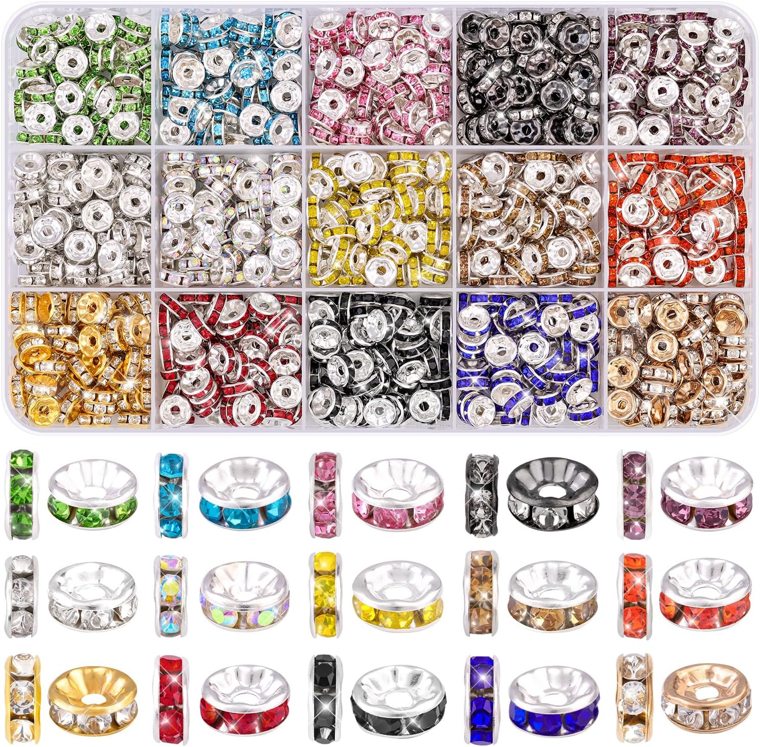 TINKRSTUFF 900 pcs 8mm Spacer Beads for Jewelry Making, 15 Colors Rondelle Bead Spacers Box, Fancy Sparkle Crystal Rhinestone Loose Beads for Bracelet Necklace Earring and Pens DIY Dec